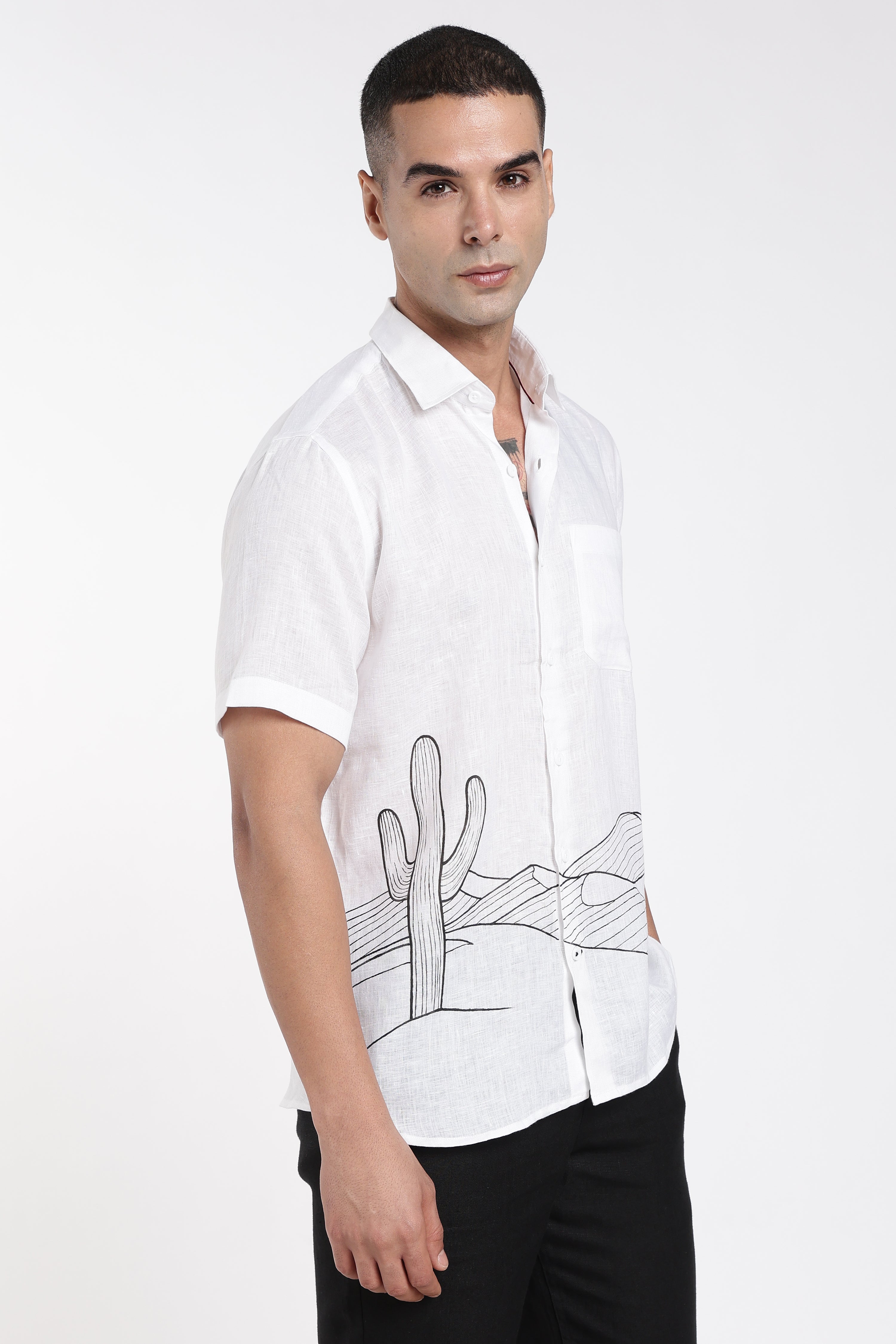 Men’s Premium White Linen Shirt with Hand-Painted Desert Landscape Artwork