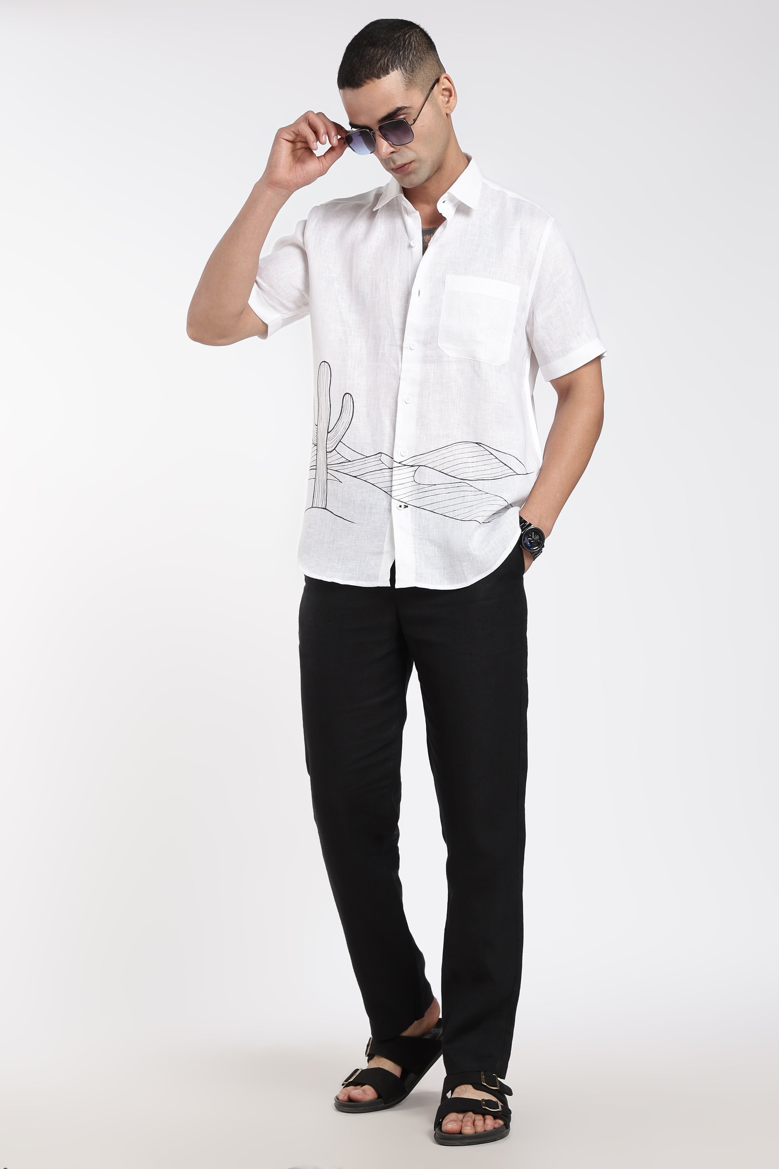 Men’s Premium White Linen Shirt with Hand-Painted Desert Landscape Artwork