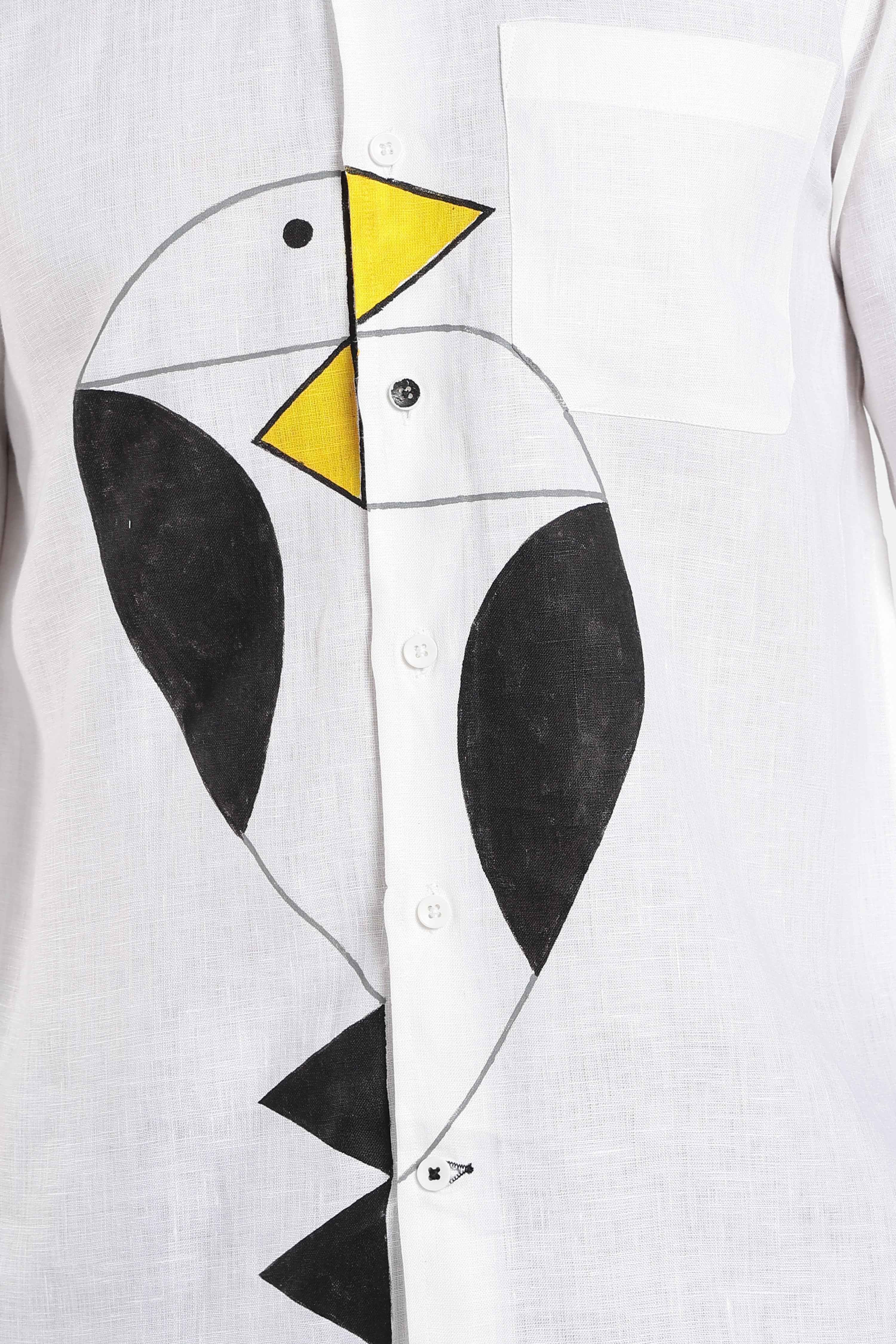 Men’s Premium White Linen Mandarin Collar Shirt with Hand-Painted Abstract Bird Artwork