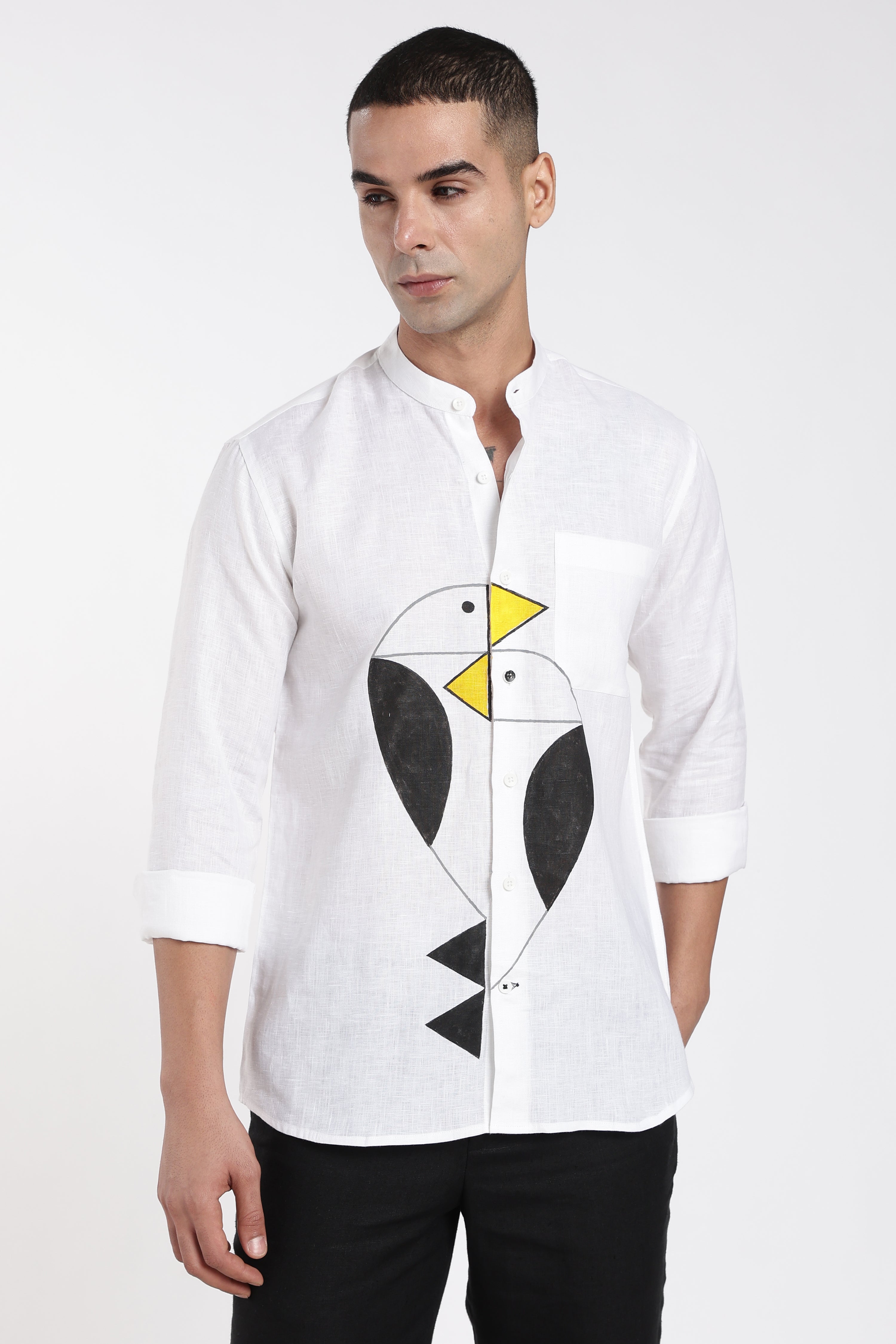 Men’s Premium White Linen Mandarin Collar Shirt with Hand-Painted Abstract Bird Artwork