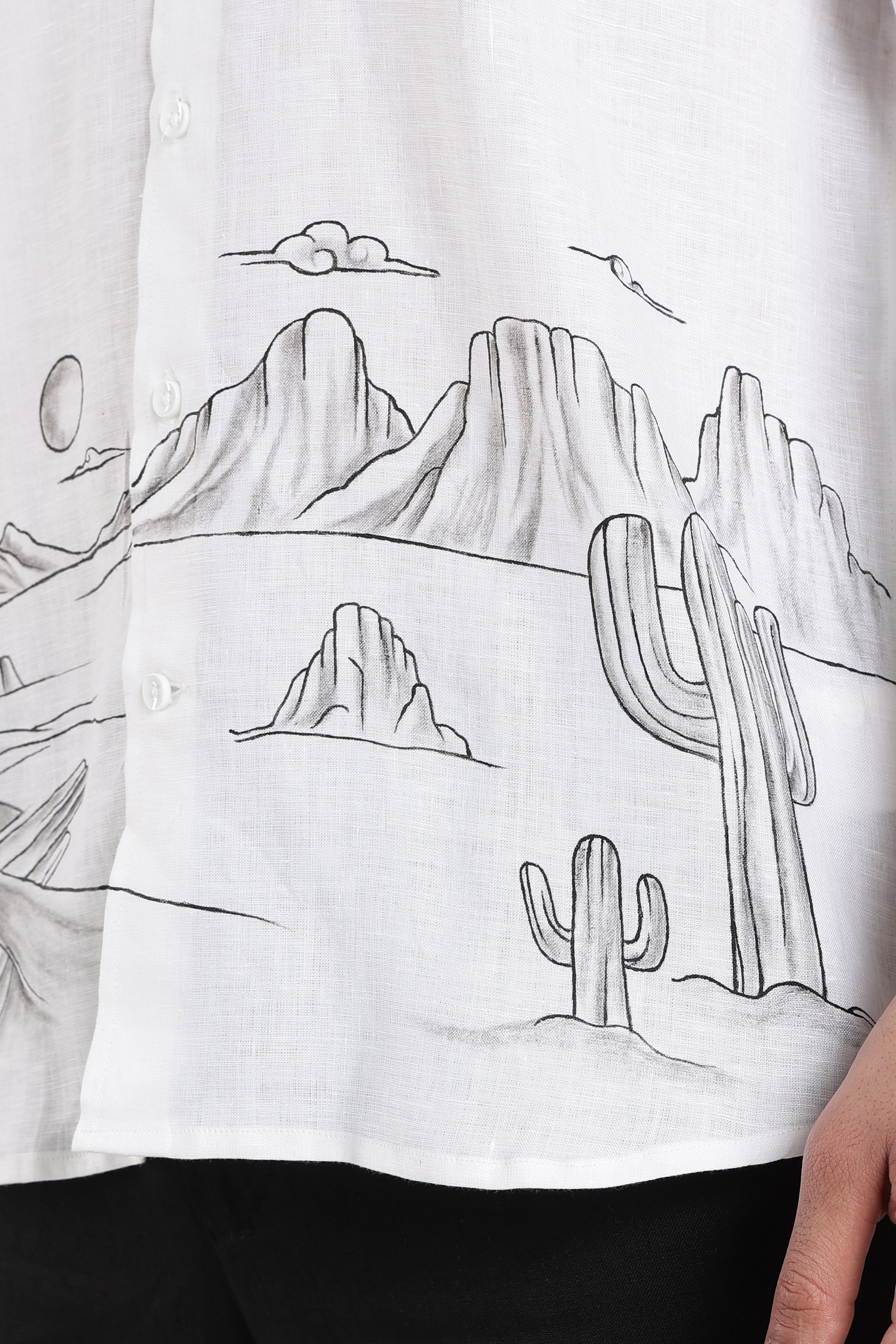 Men’s White Hand-Painted Linen Shirt with Desert Landscape Artwork