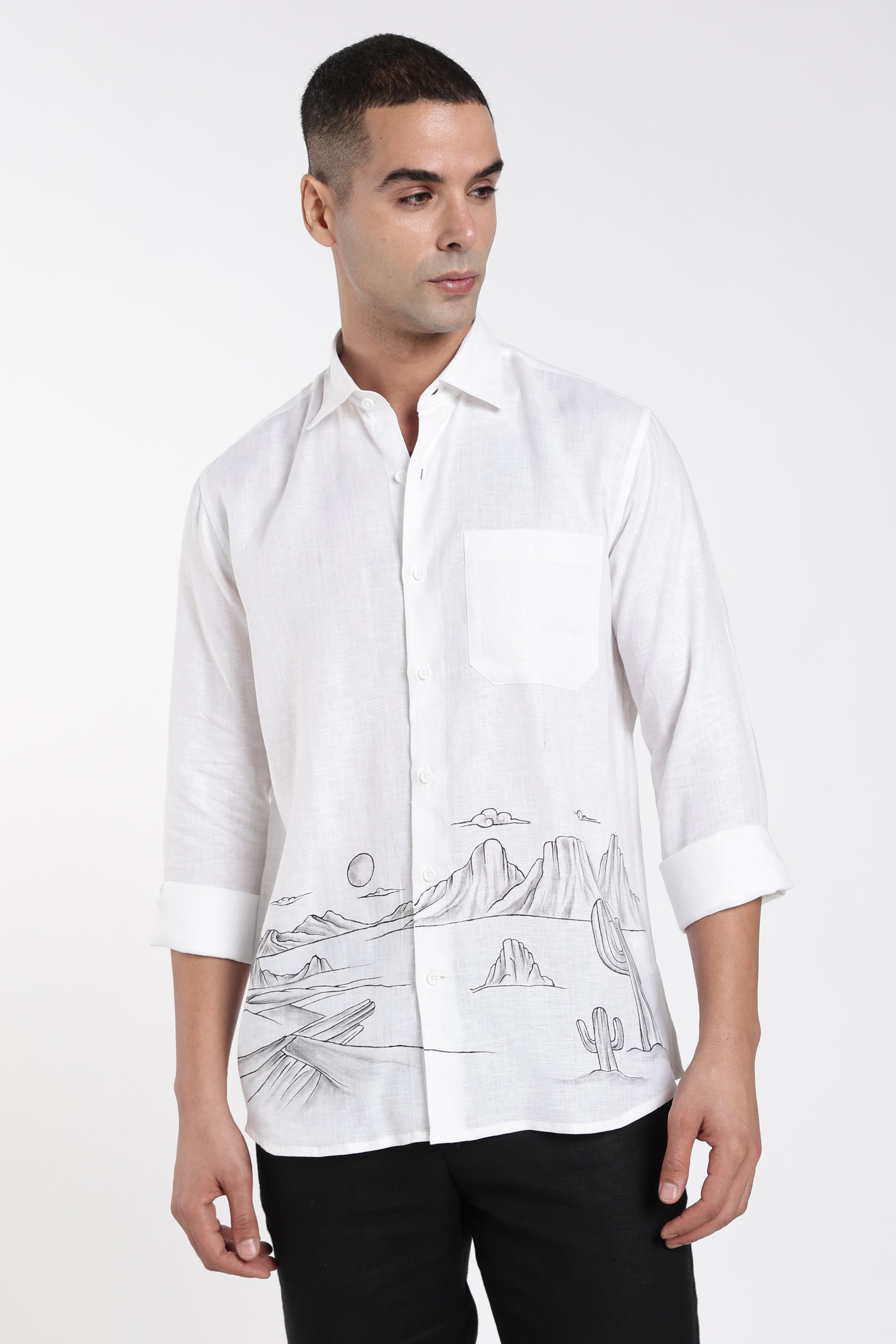 Men’s White Hand-Painted Linen Shirt with Desert Landscape Artwork
