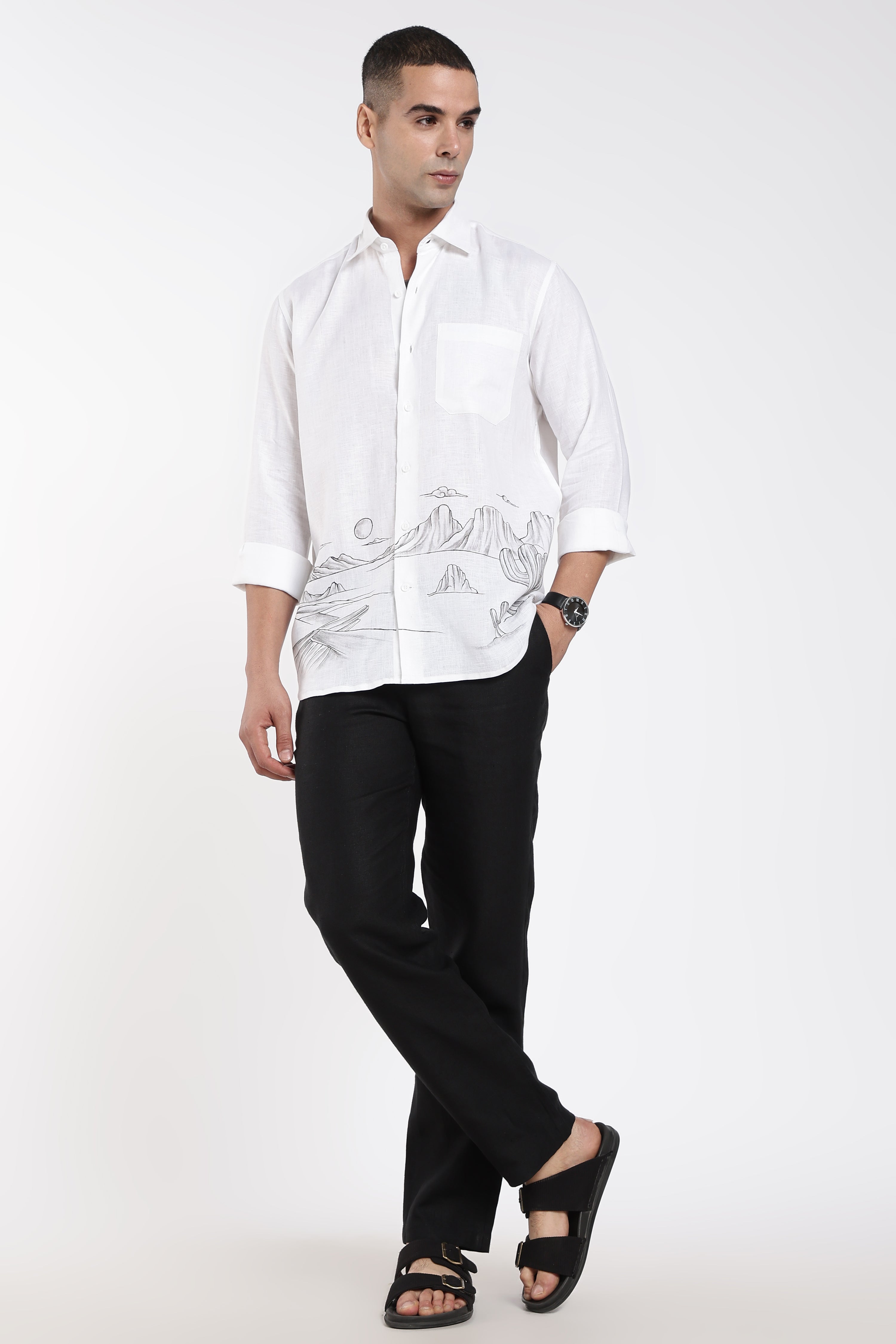 Men’s White Hand-Painted Linen Shirt with Desert Landscape Artwork