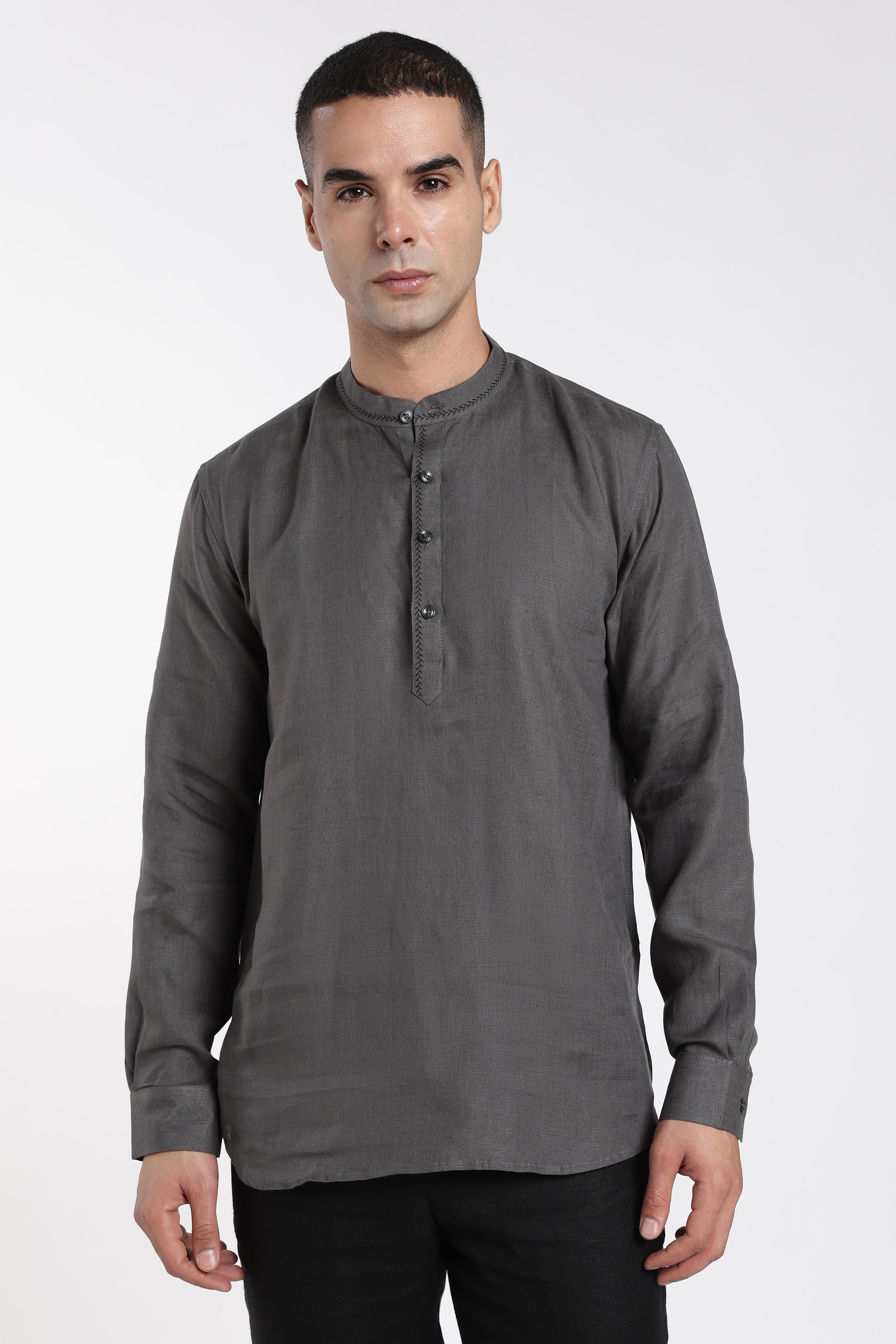 Men’s Charcoal Grey Linen Half Placket Mandarin Collar Short Kurta | Linen Culture