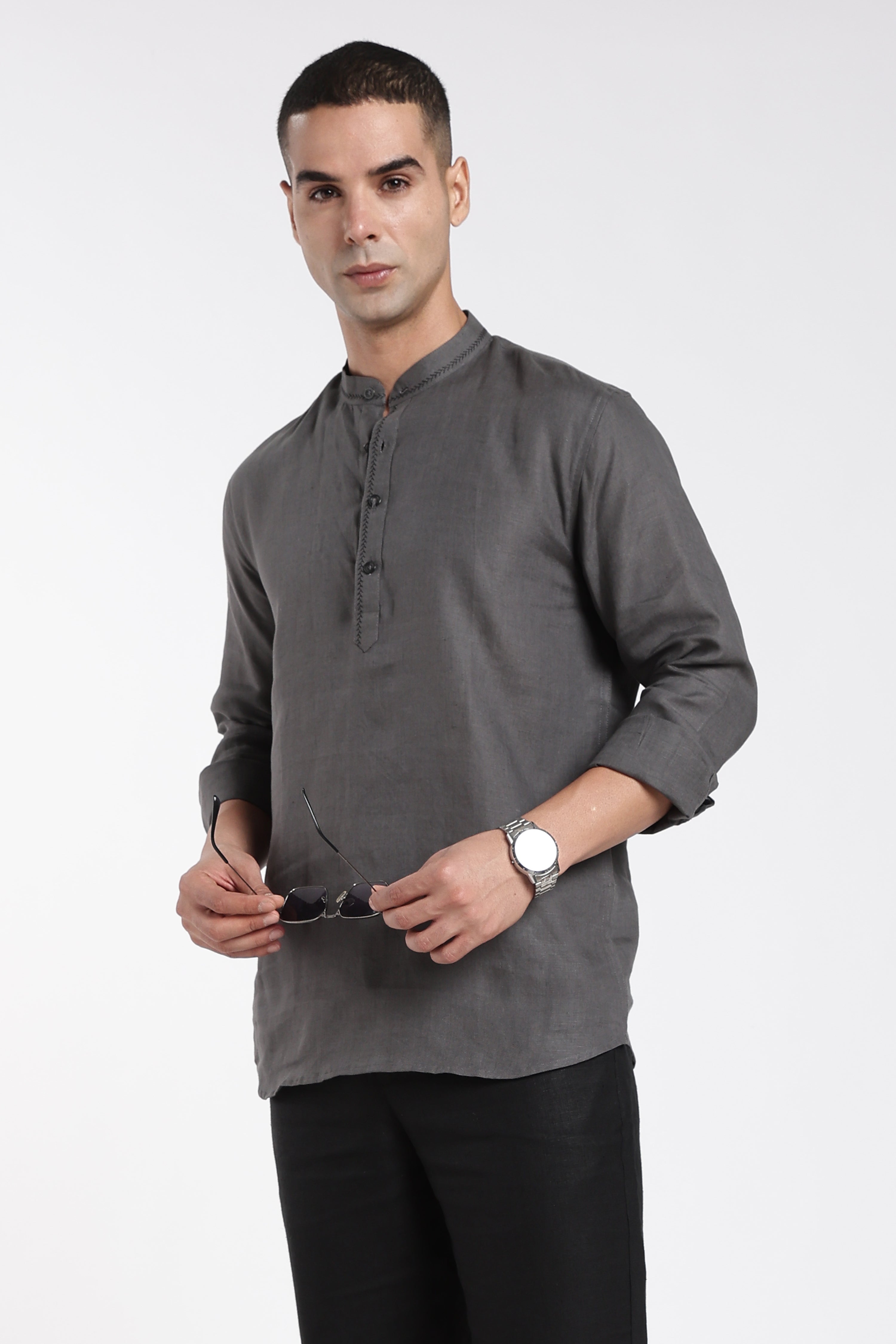 Men’s Charcoal Grey Linen Half Placket Mandarin Collar Short Kurta | Linen Culture