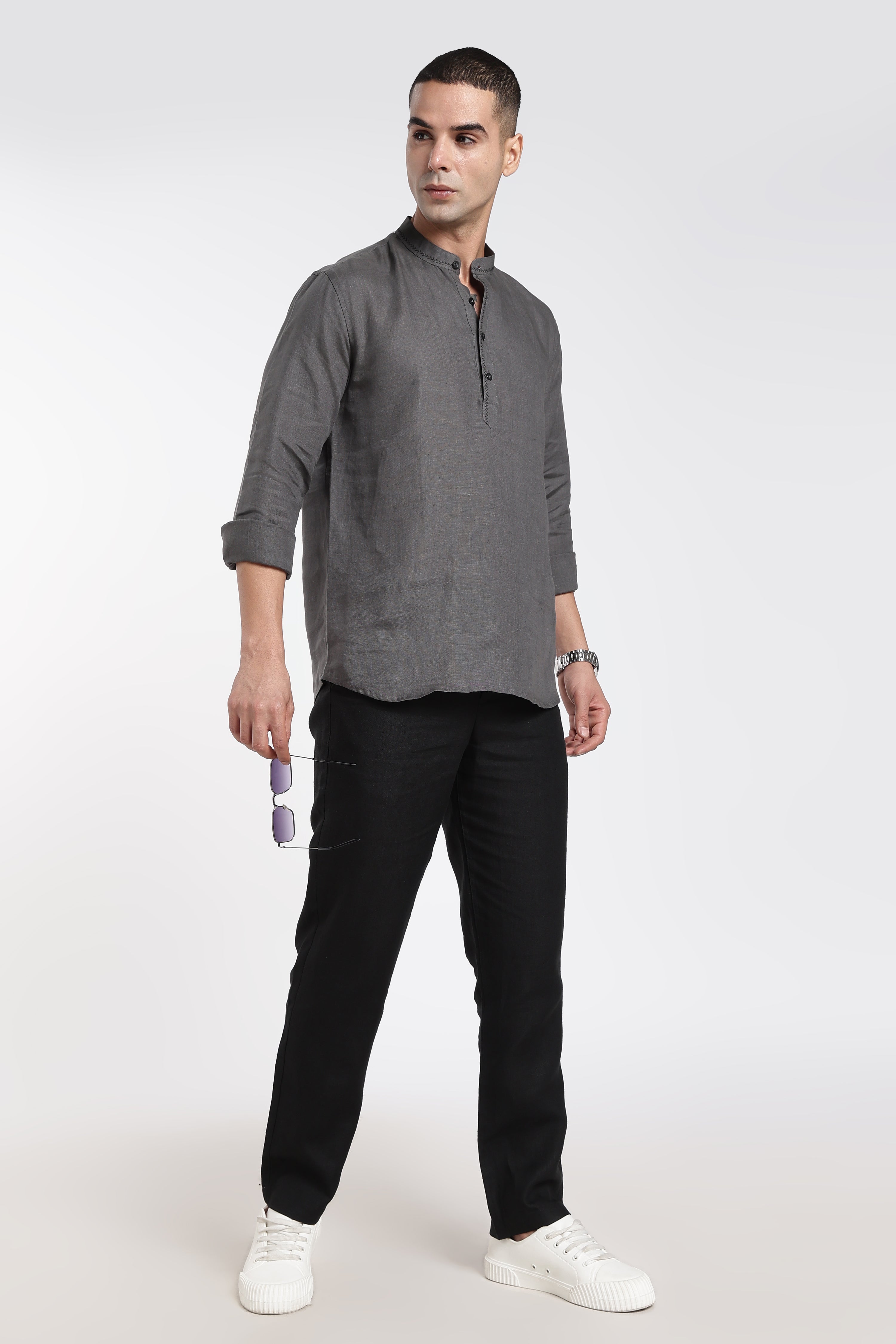 Men’s Charcoal Grey Linen Half Placket Mandarin Collar Short Kurta | Linen Culture