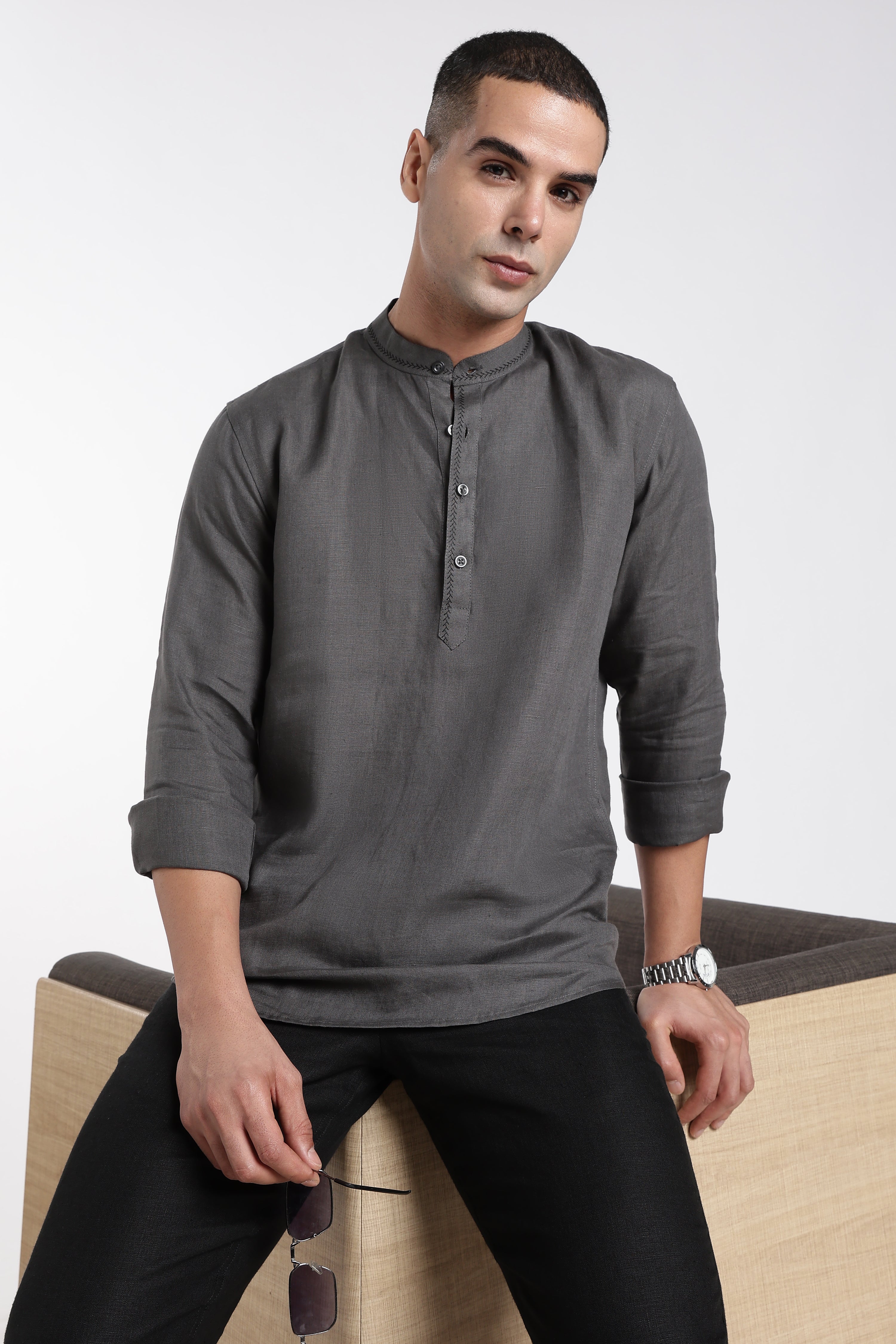 Men’s Charcoal Grey Linen Half Placket Mandarin Collar Short Kurta | Linen Culture