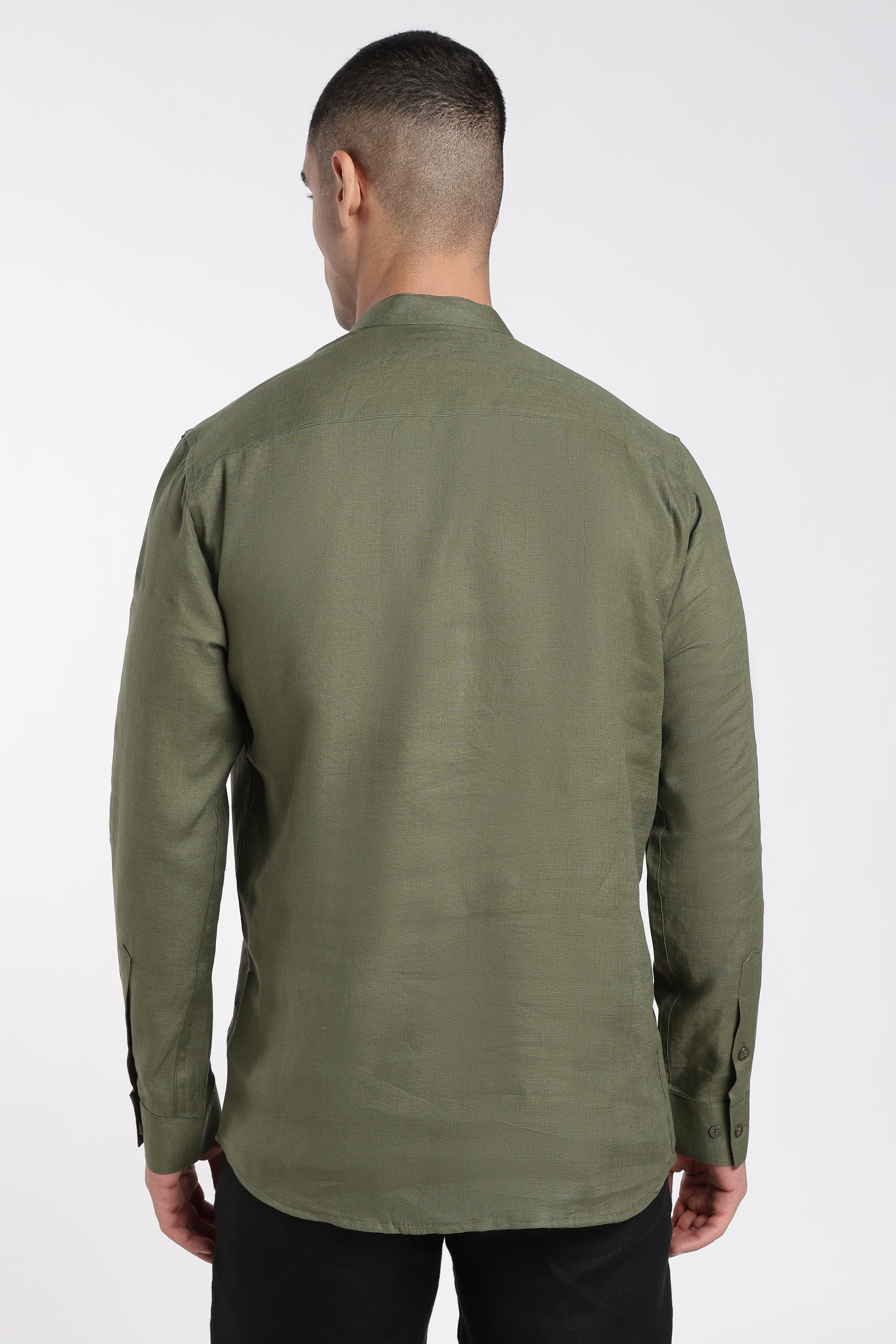 Men’s Olive Green Linen Half Placket Mandarin Collar Kurta | Linen Culture