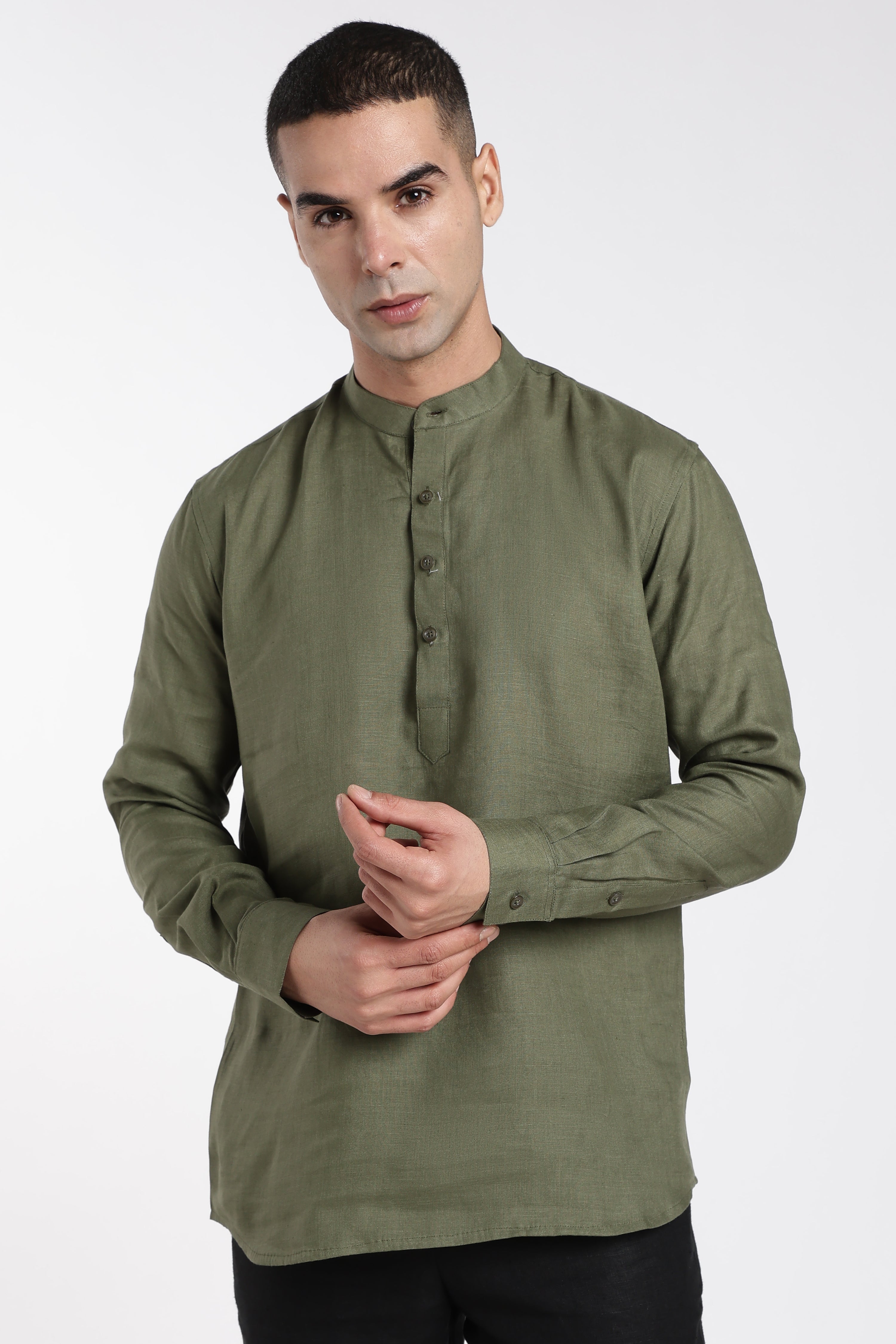 Men’s Olive Green Linen Half Placket Mandarin Collar Kurta | Linen Culture