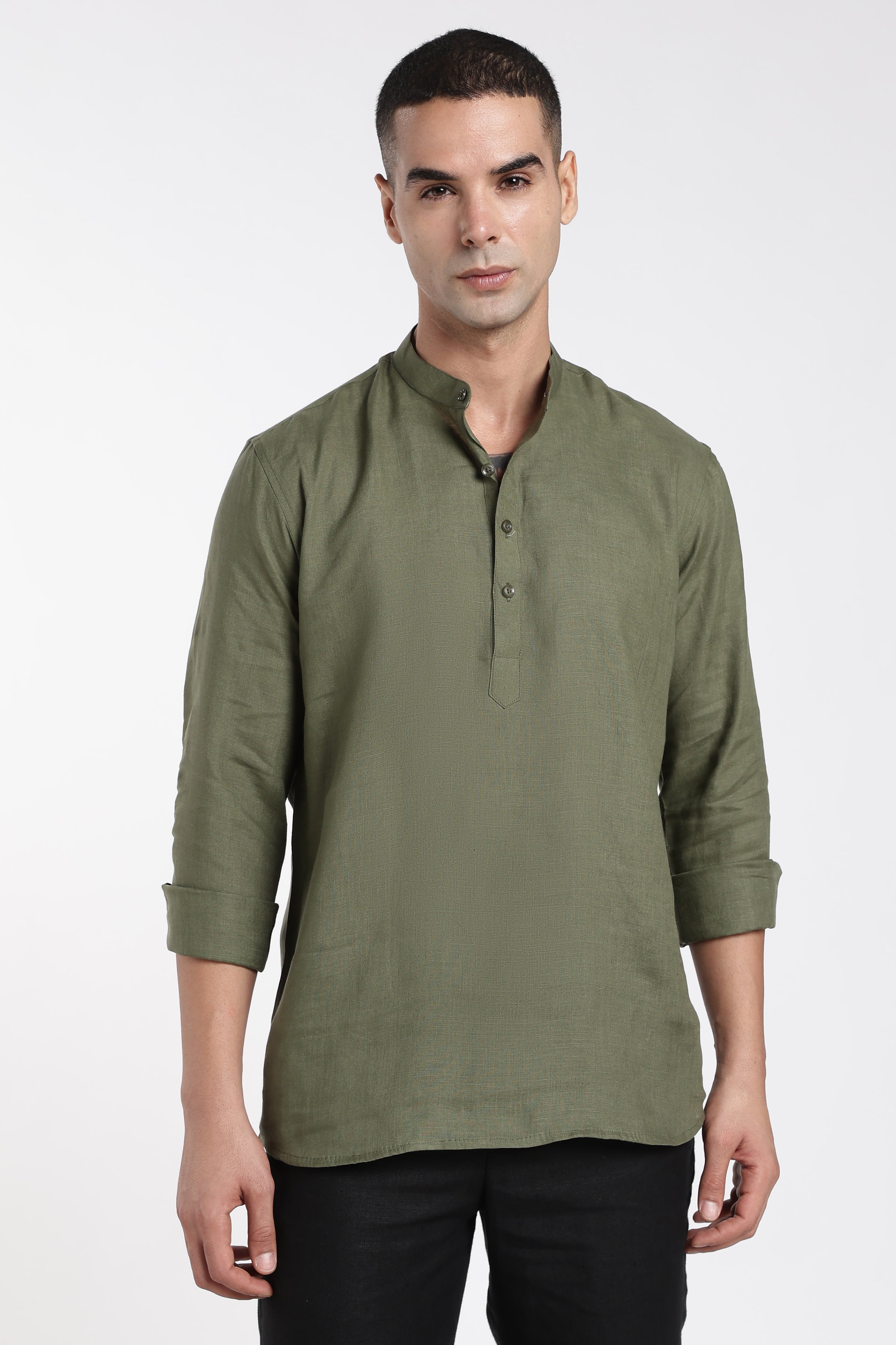 Men’s Olive Green Linen Half Placket Mandarin Collar Kurta | Linen Culture