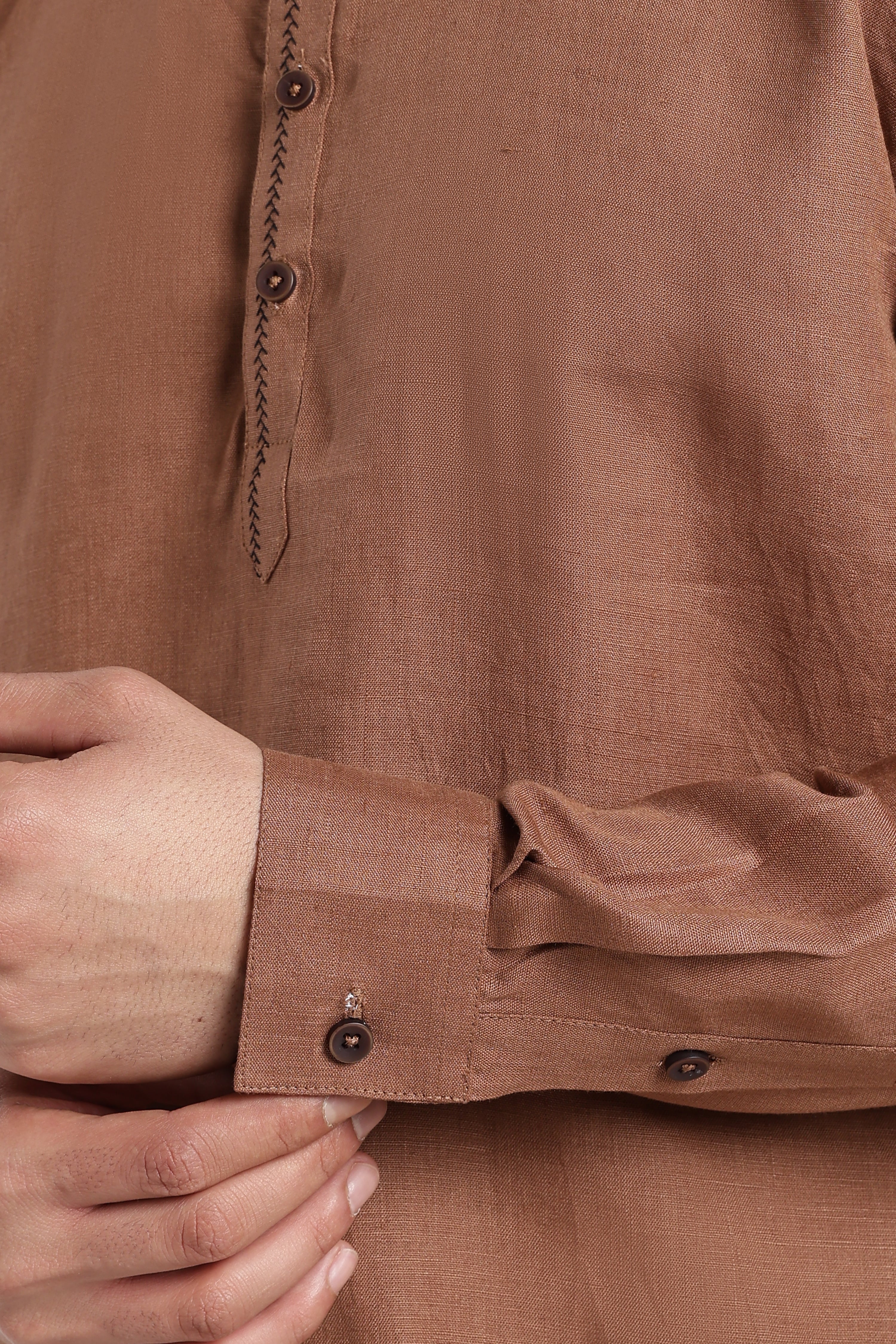 Premium Men’s Rust Brown Linen Half Placket Mandarin Collar Kurta | Linen Culture