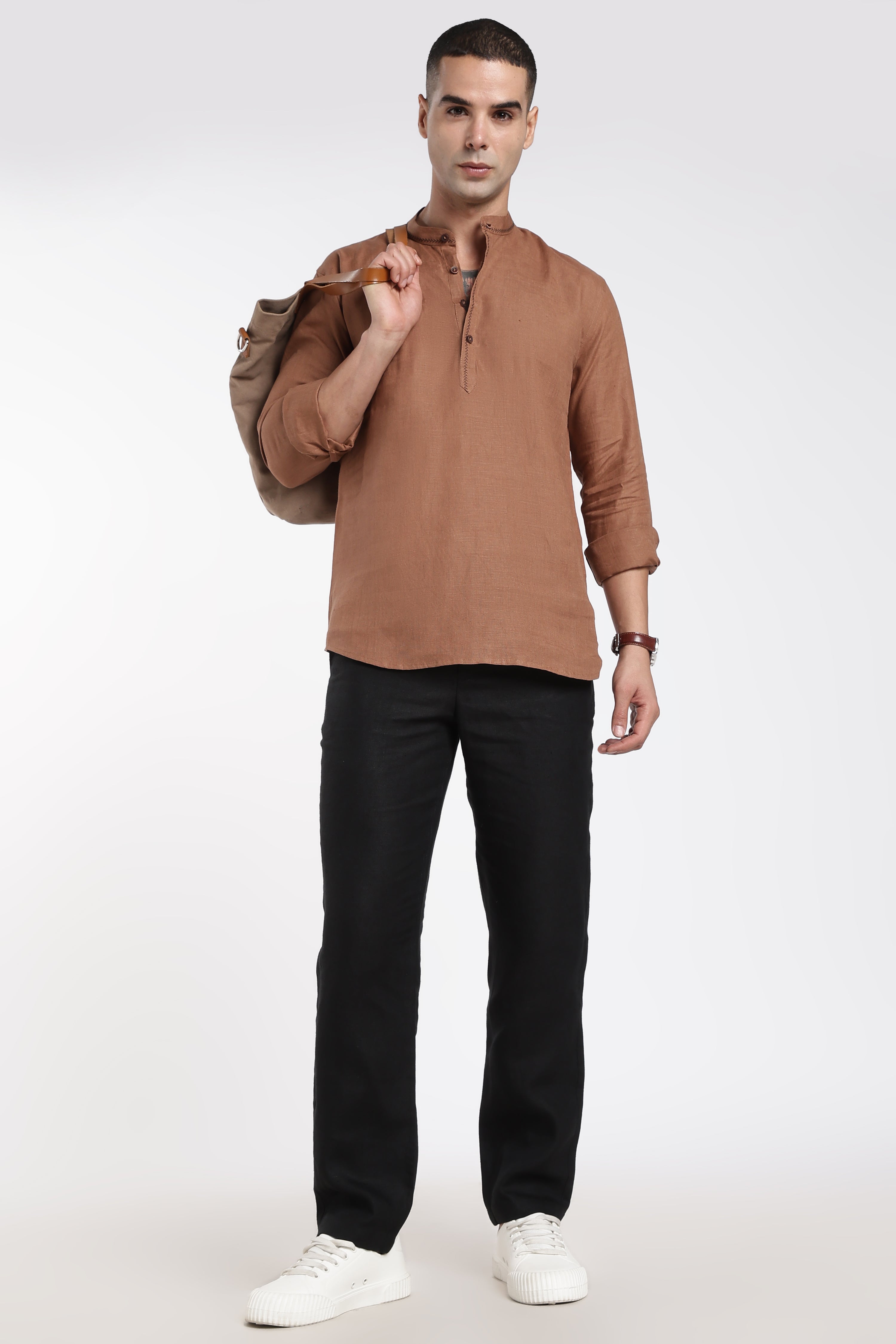 Premium Men’s Rust Brown Linen Half Placket Mandarin Collar Kurta | Linen Culture