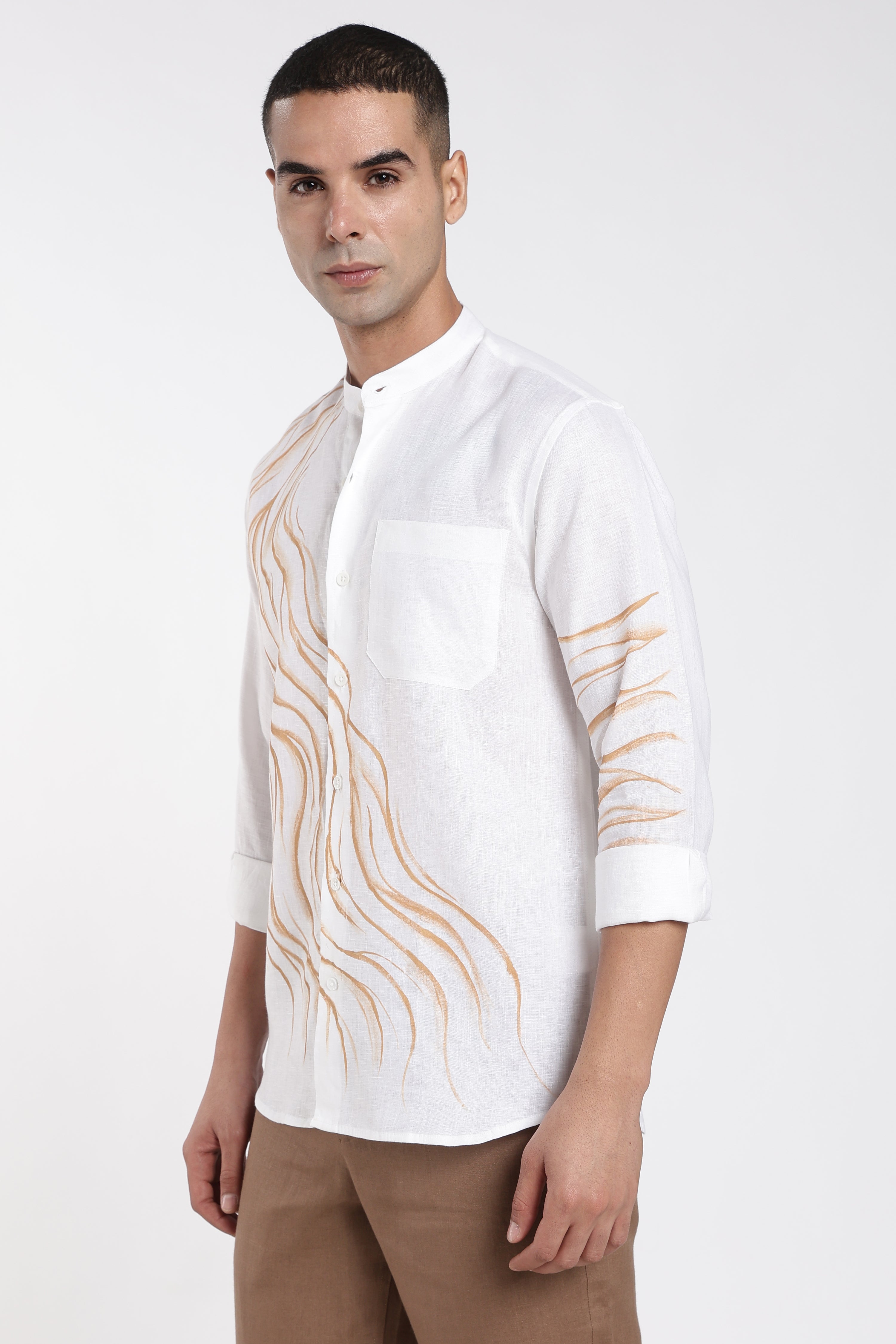 Men’s White Hand-Painted Linen Shirt with Artwork | Designer Mandarin Collar Shirt
