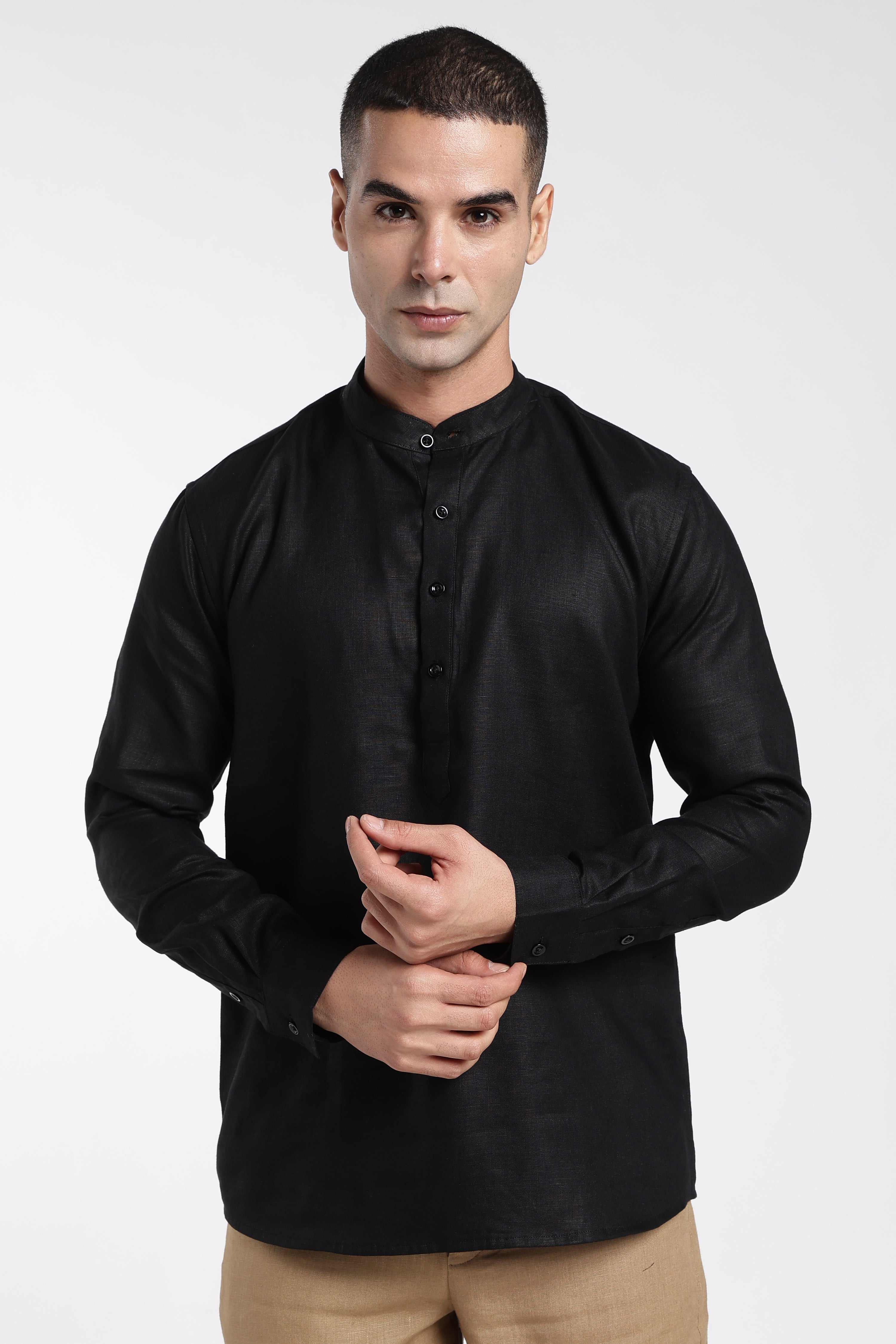 Premium Men’s Black Linen Half Placket Mandarin Collar Kurta | Linen Culture