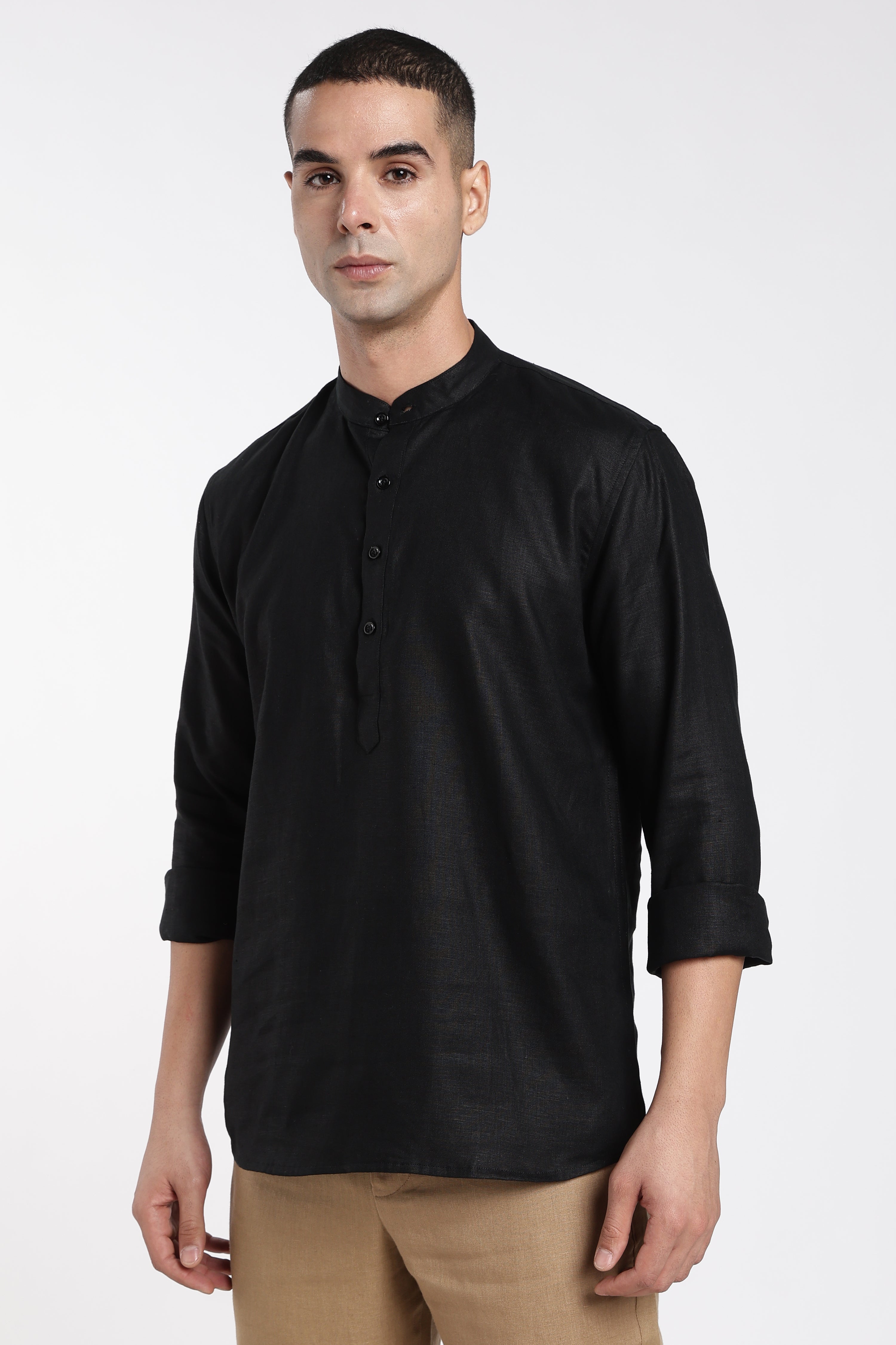 Premium Men’s Black Linen Half Placket Mandarin Collar Kurta | Linen Culture