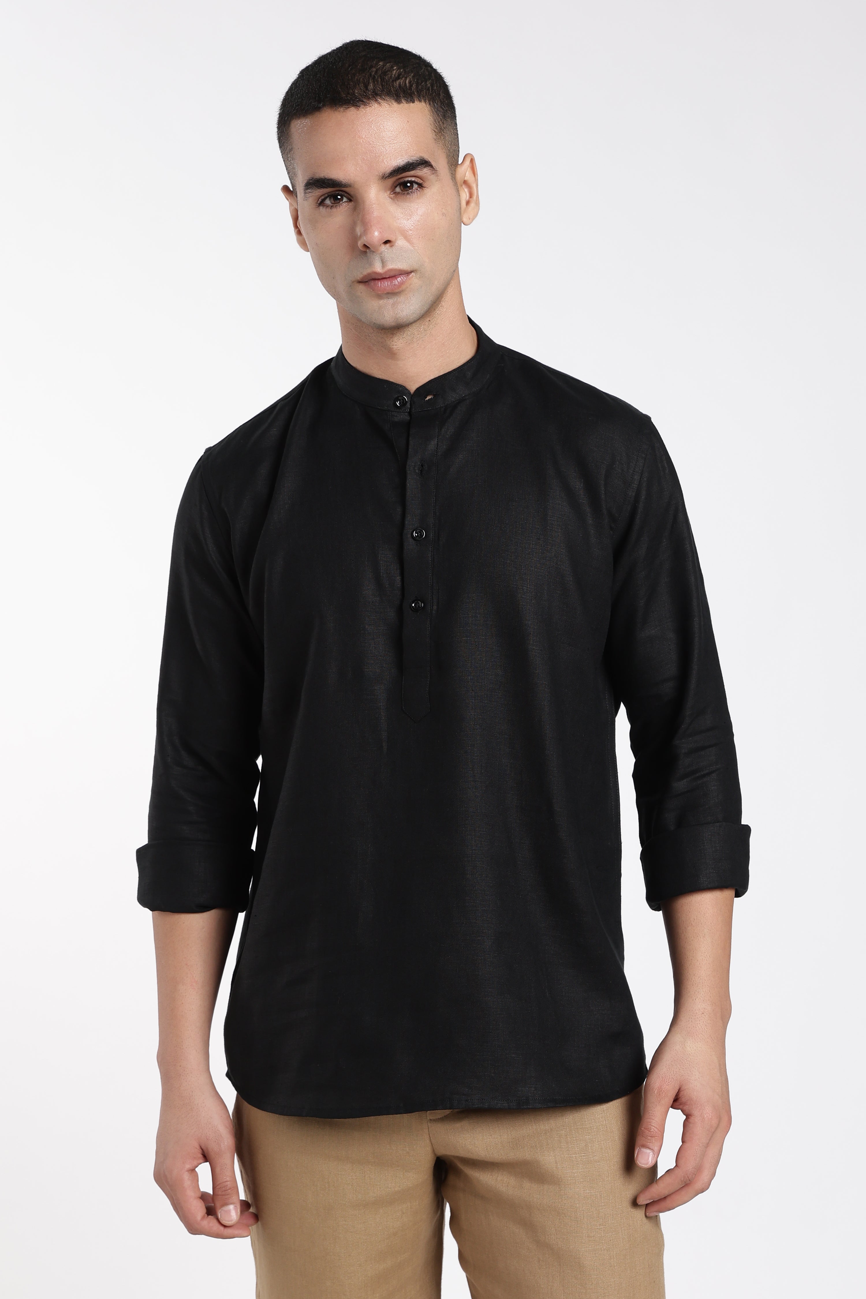 Premium Men’s Black Linen Half Placket Mandarin Collar Kurta | Linen Culture