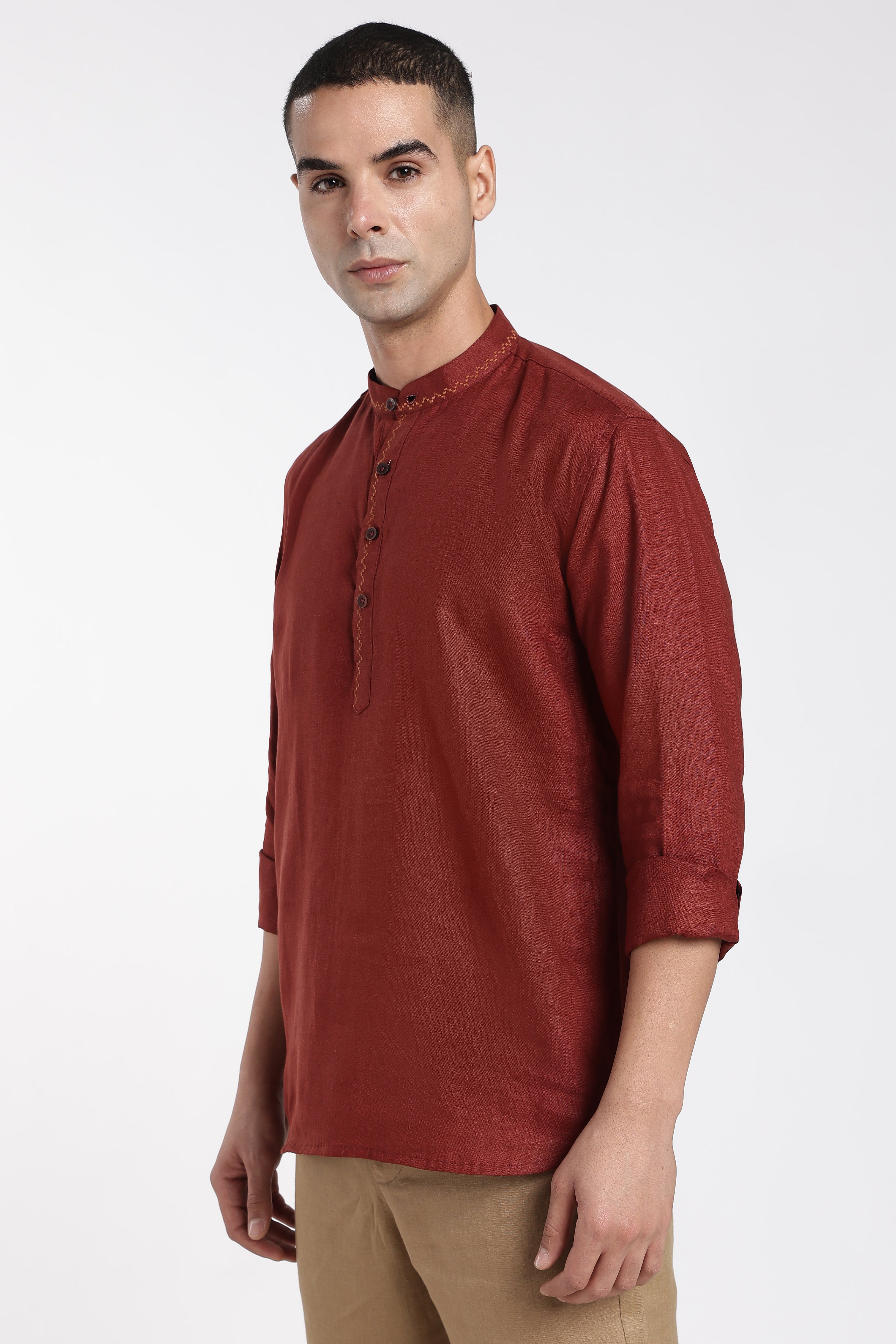 Men’s Maroon Linen Half Placket Mandarin Collar Kurta | Linen Culture