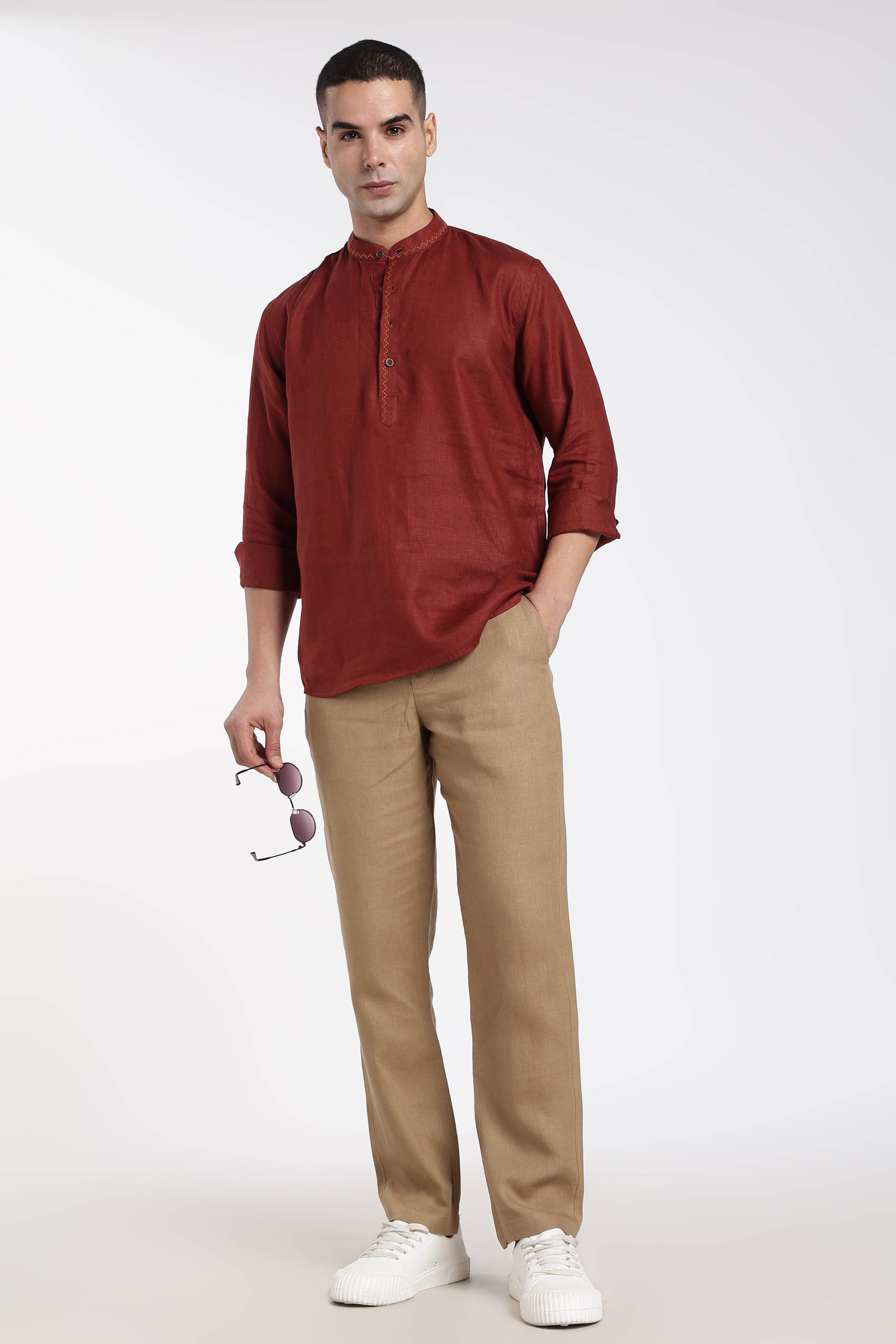 Men’s Maroon Linen Half Placket Mandarin Collar Kurta | Linen Culture