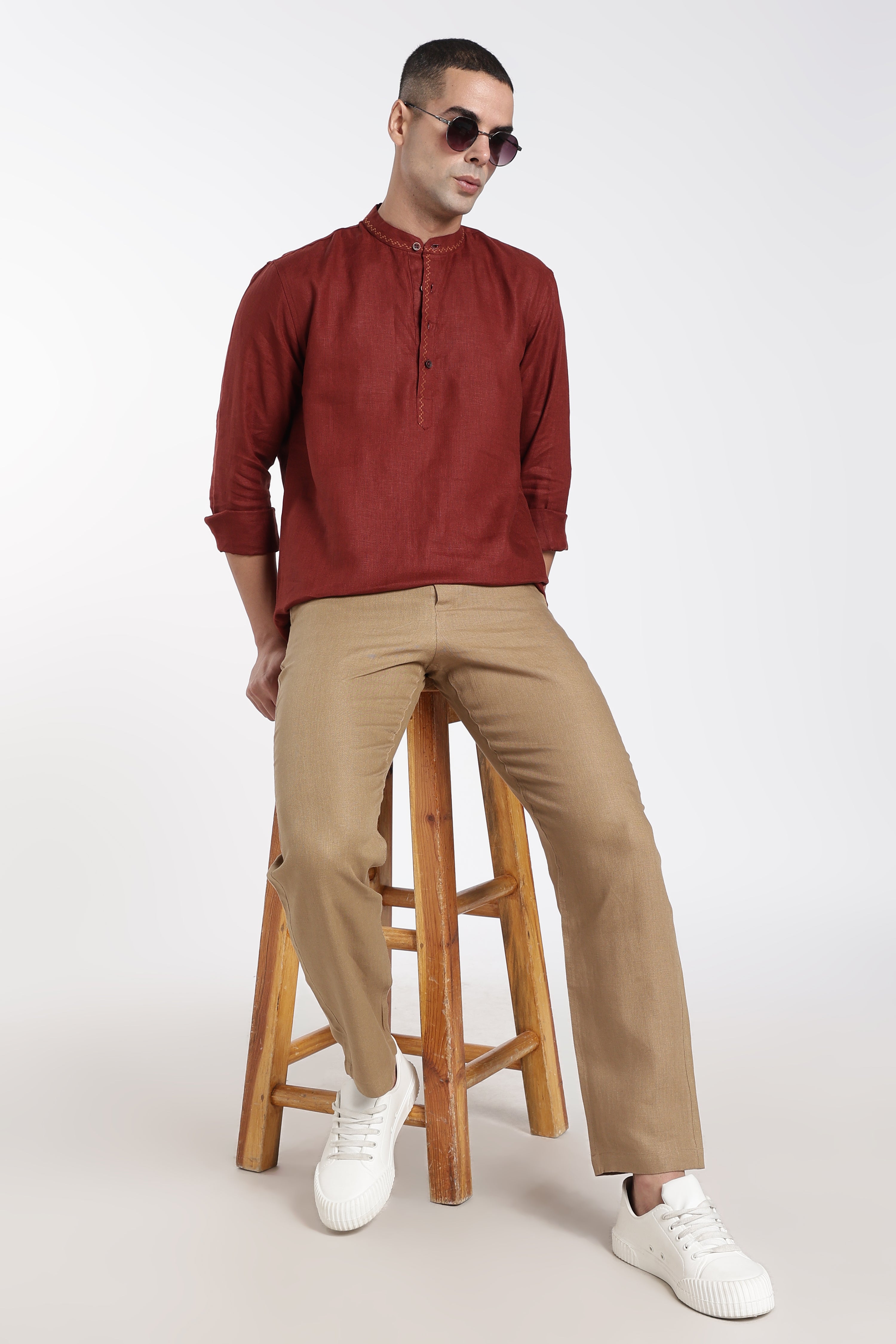 Men’s Maroon Linen Half Placket Mandarin Collar Kurta | Linen Culture