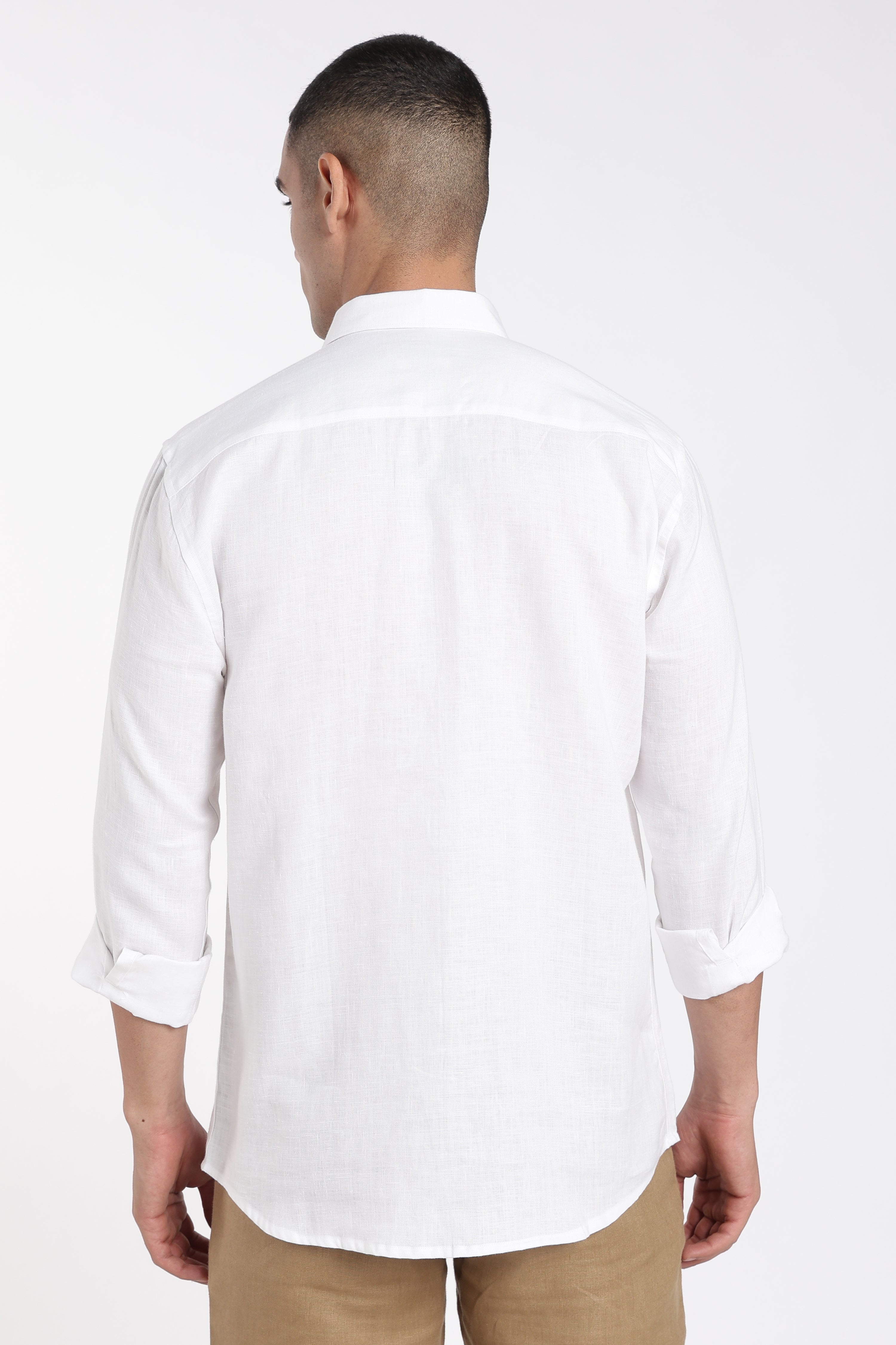 Men’s White Embroidered Linen Shirt with Minimal Floral Accent | Pure Linen Shirt