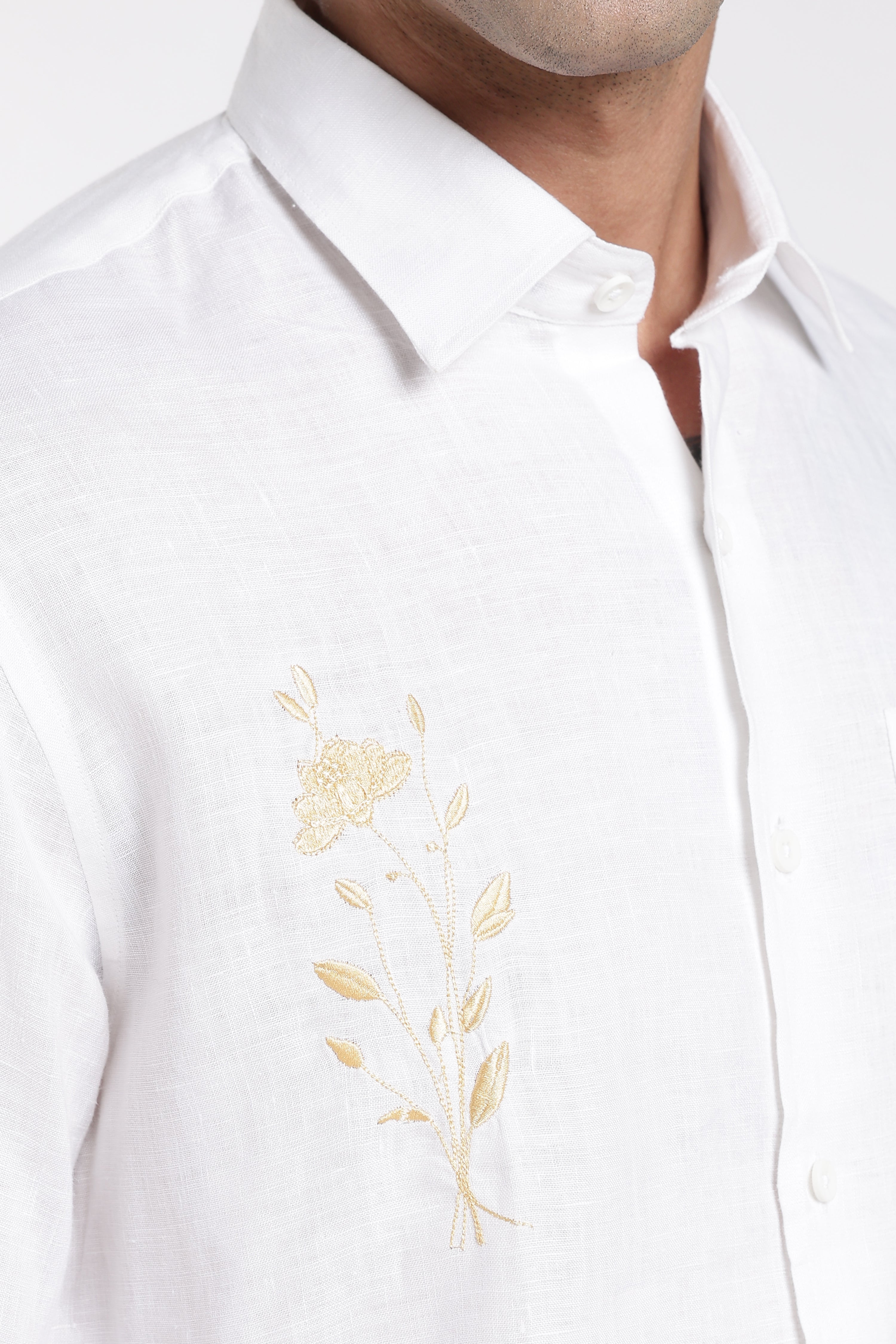 Men’s White Embroidered Linen Shirt with Minimal Floral Accent | Pure Linen Shirt