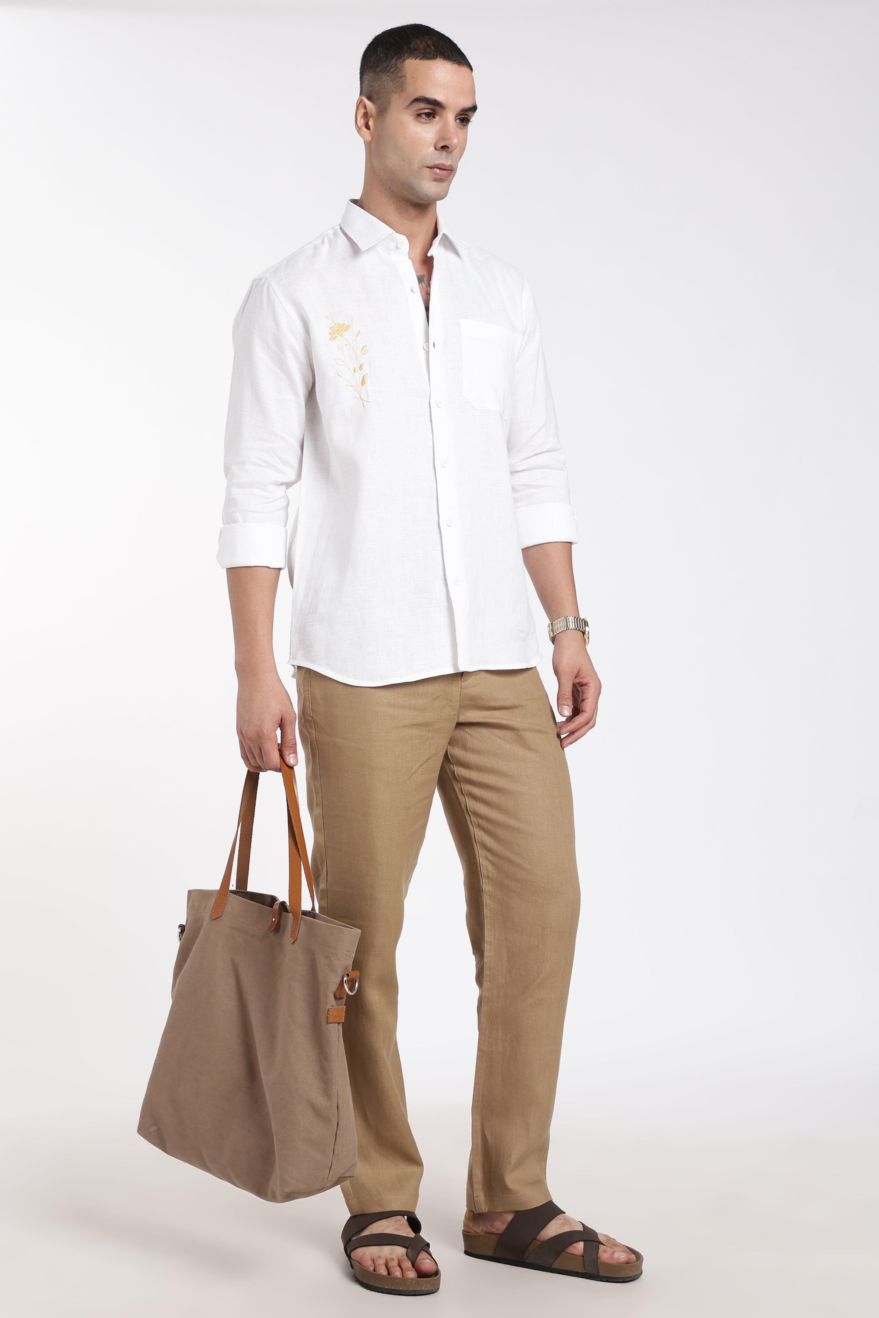Men’s White Embroidered Linen Shirt with Minimal Floral Accent | Pure Linen Shirt