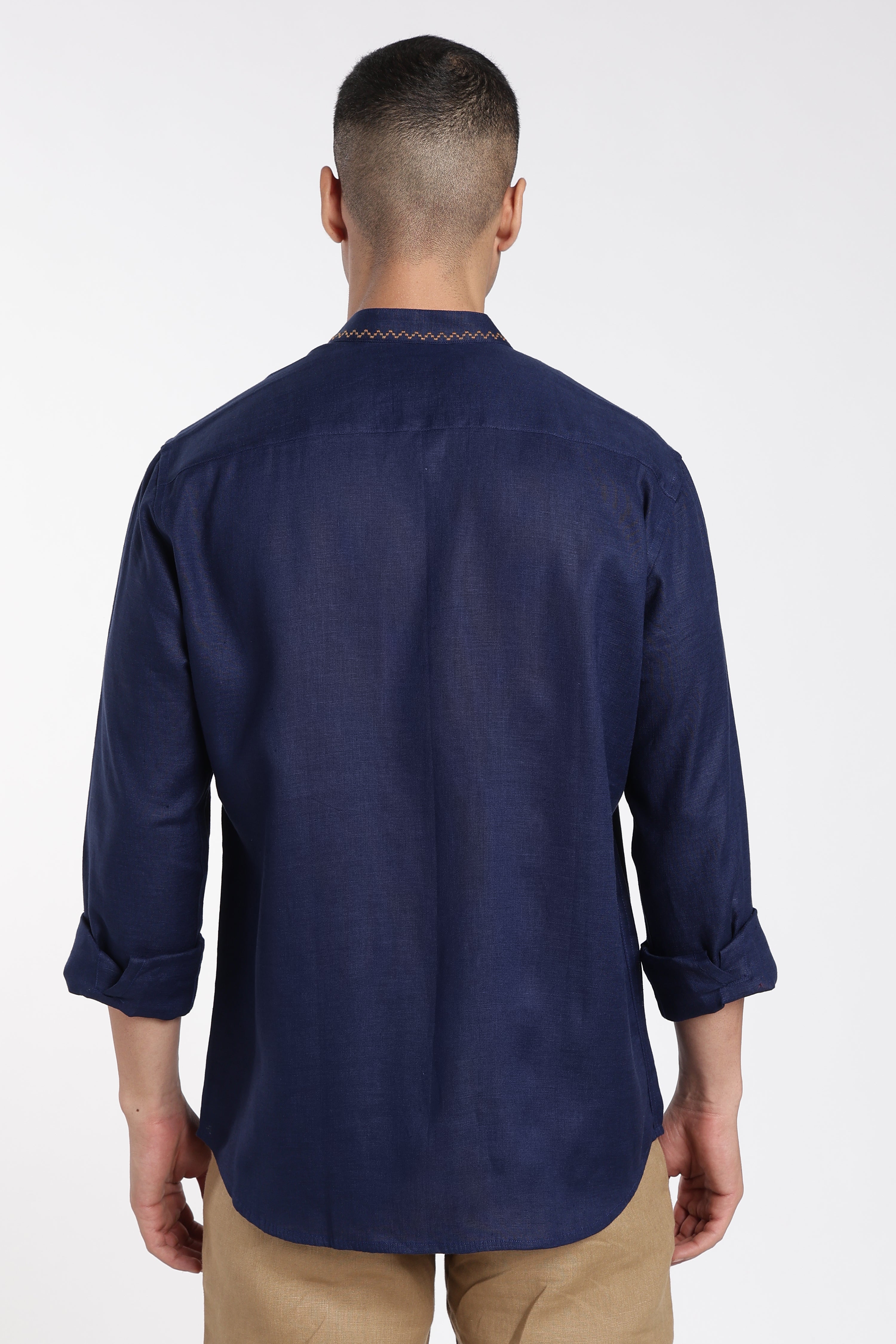 Men’s Navy Blue Mandarin Collar Linen Shirt  | Premium Linen Shirt