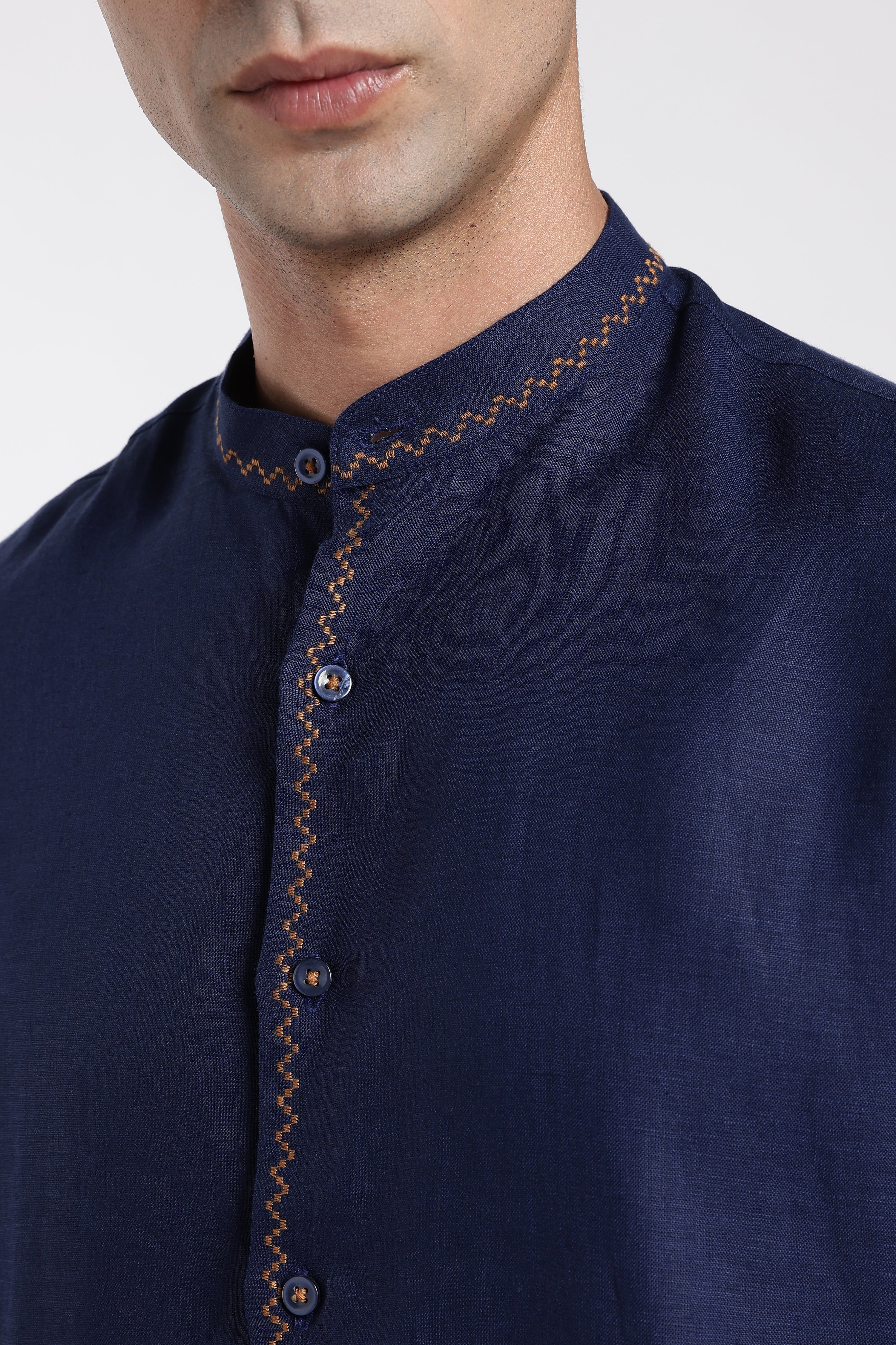 Men’s Navy Blue Mandarin Collar Linen Shirt  | Premium Linen Shirt