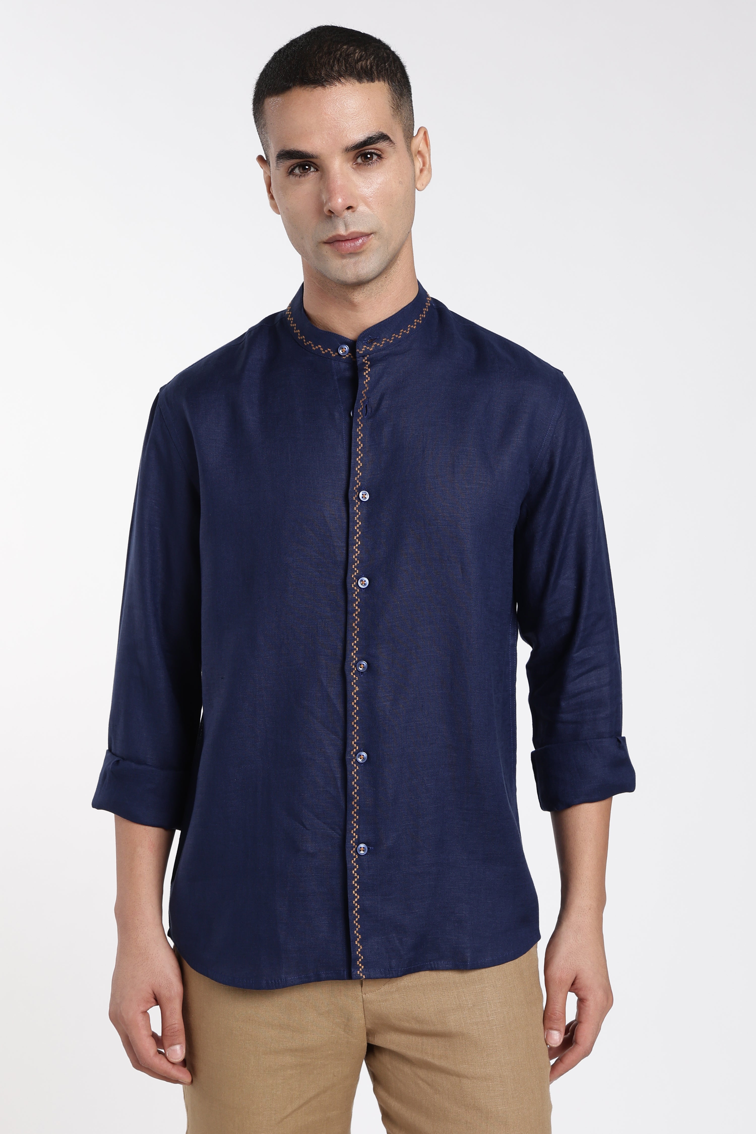 Men’s Navy Blue Mandarin Collar Linen Shirt  | Premium Linen Shirt