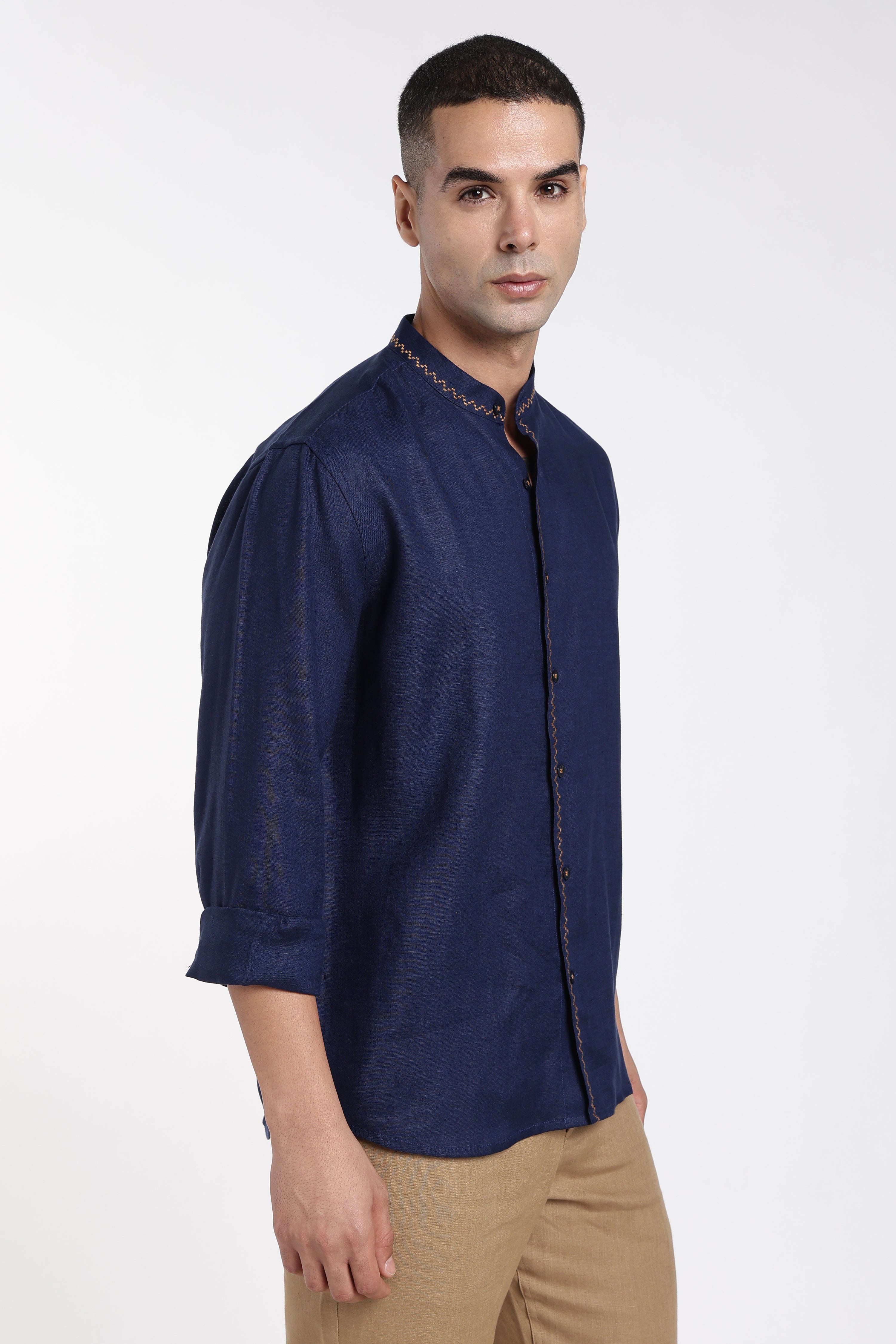 Men’s Navy Blue Mandarin Collar Linen Shirt  | Premium Linen Shirt