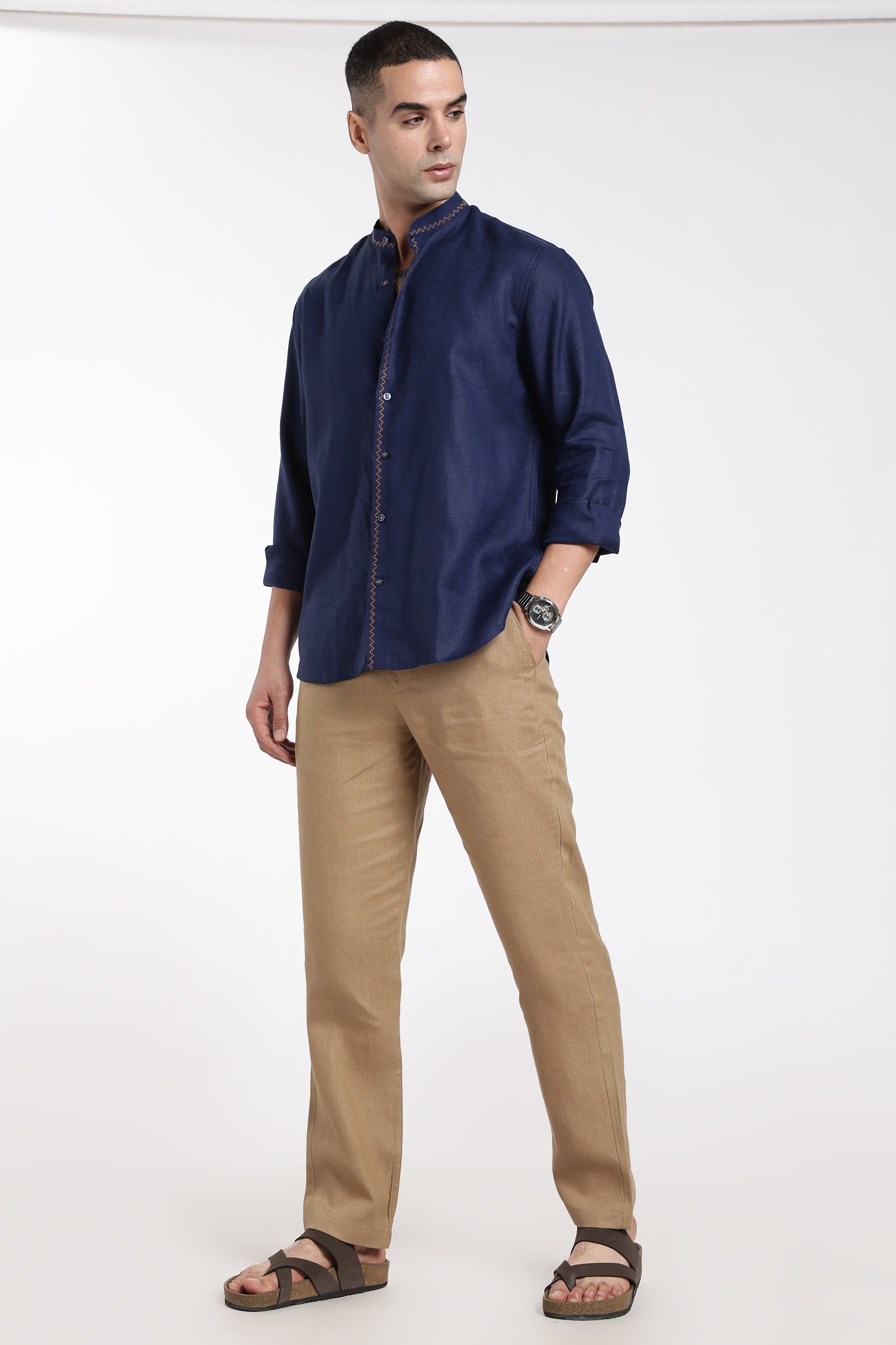Men’s Navy Blue Mandarin Collar Linen Shirt  | Premium Linen Shirt