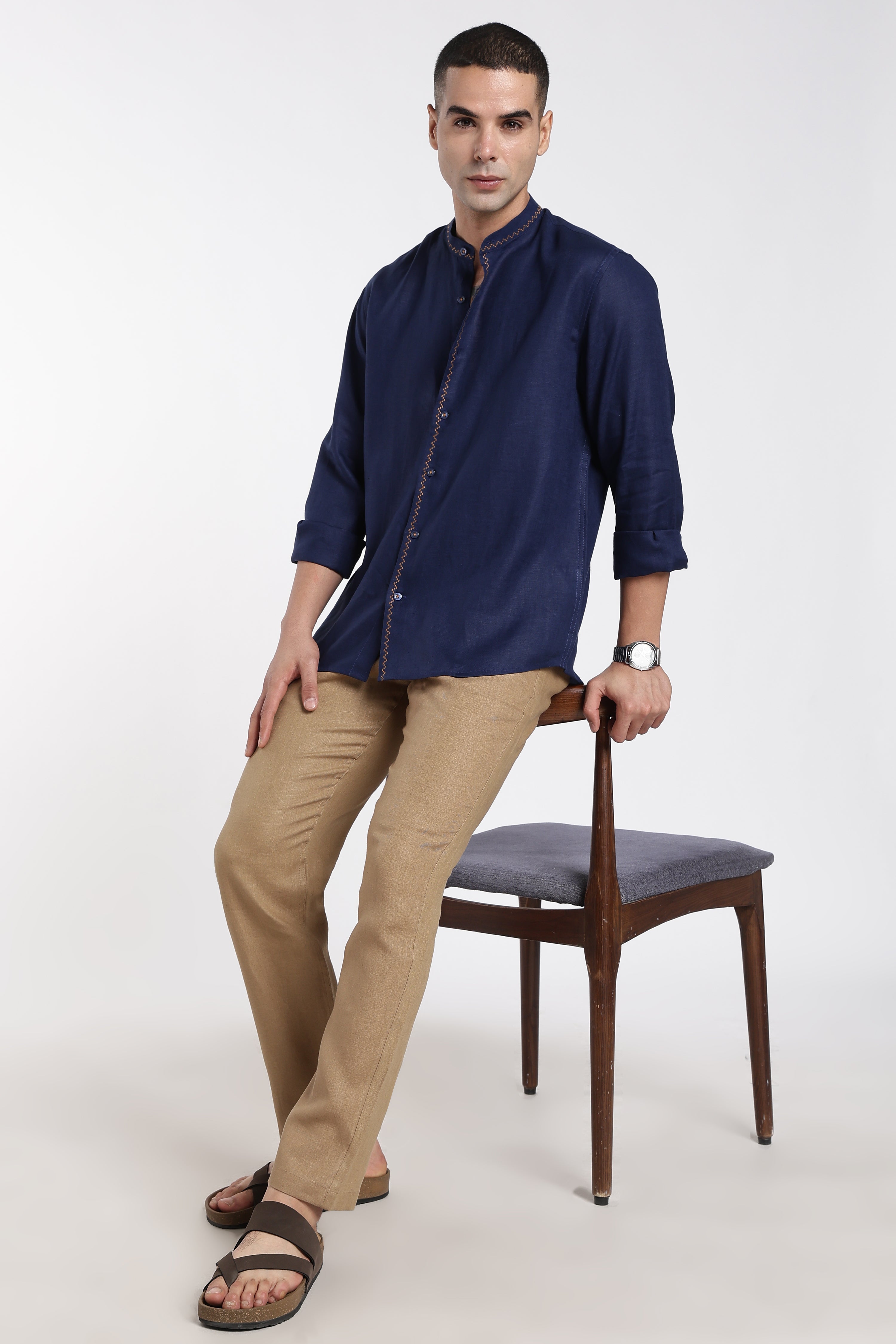 Men’s Navy Blue Mandarin Collar Linen Shirt  | Premium Linen Shirt