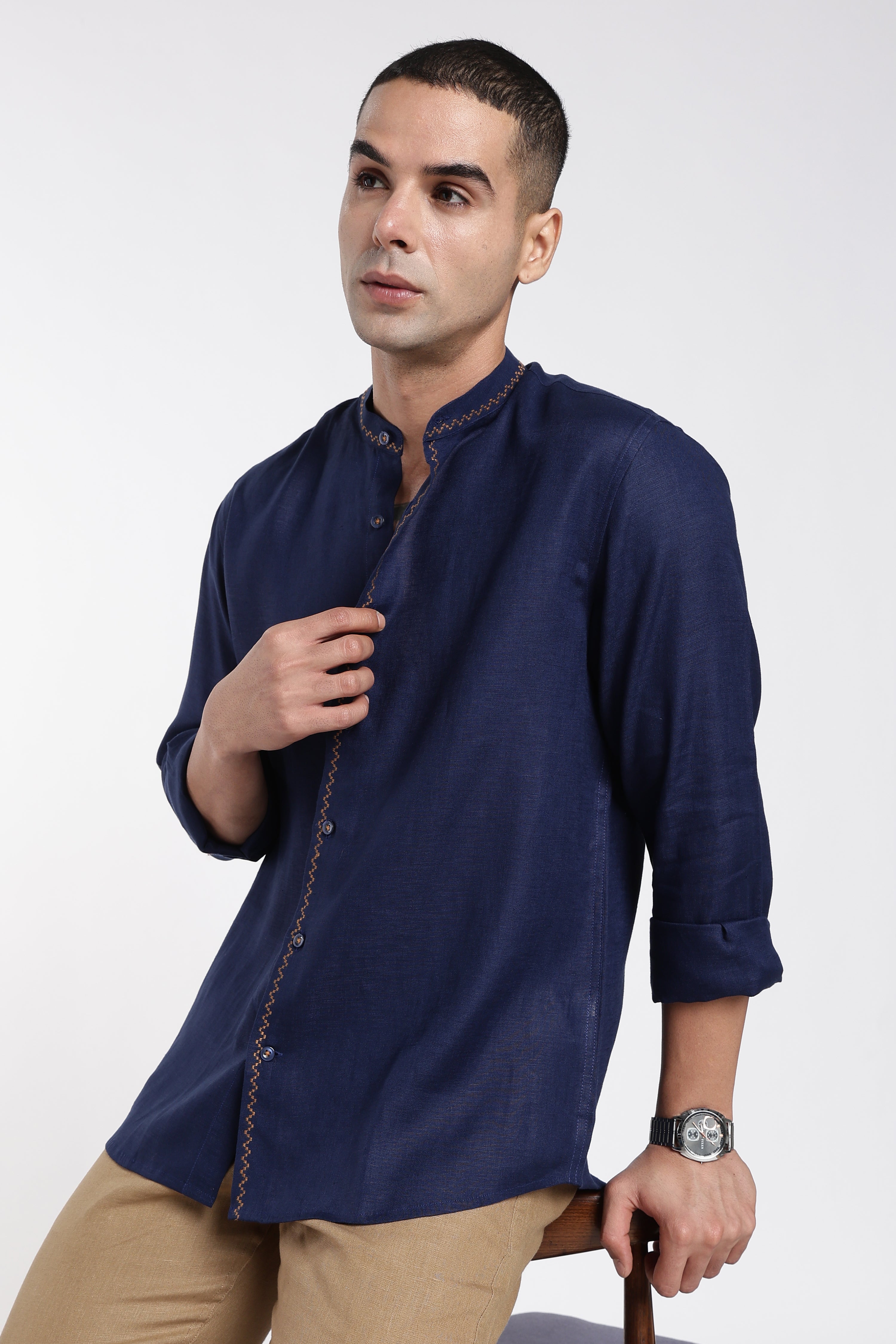 Men’s Navy Blue Mandarin Collar Linen Shirt  | Premium Linen Shirt