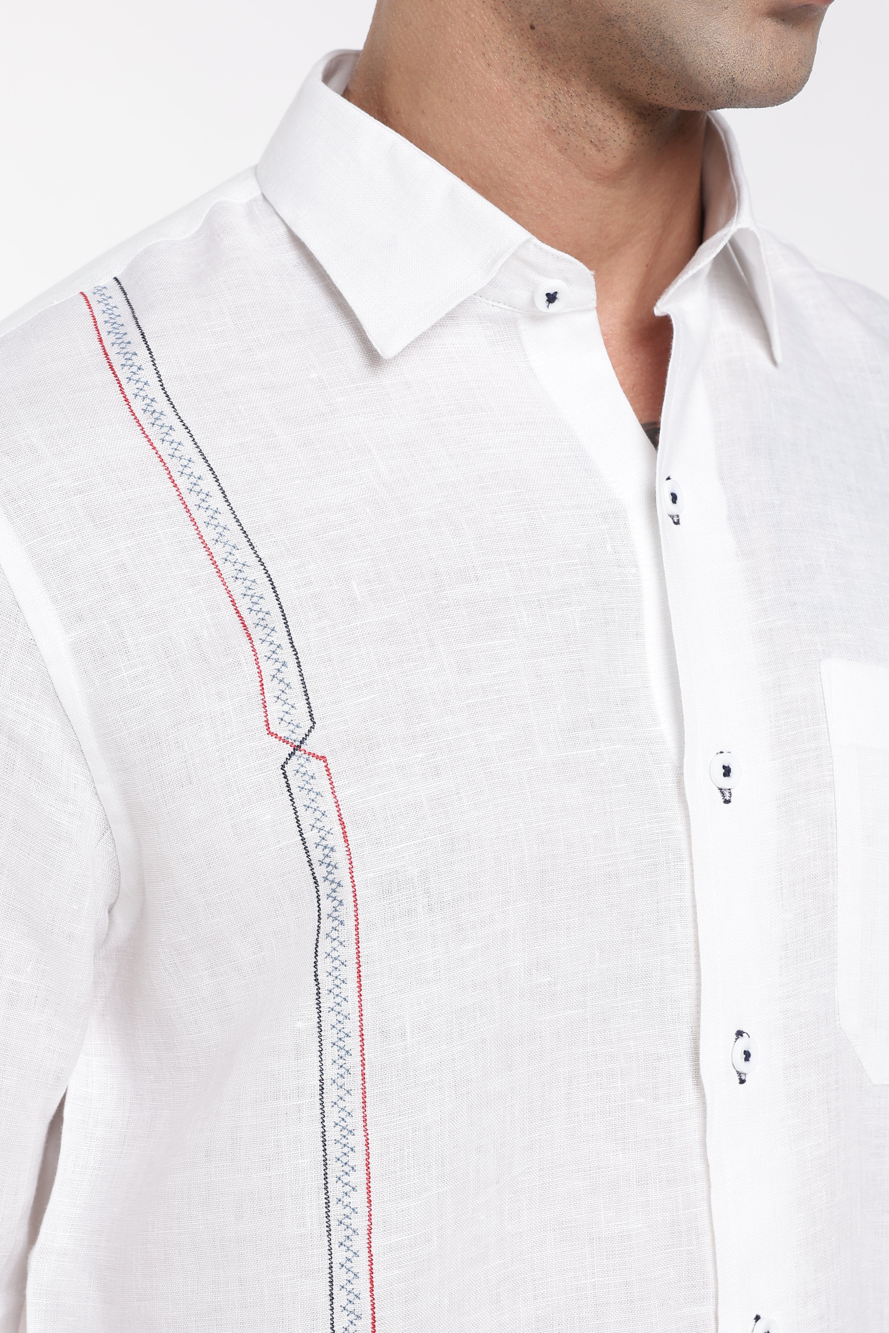 Men’s White Premium Linen Shirt with Stitch Detail | Designer Full Sleeve Linen Shirt
