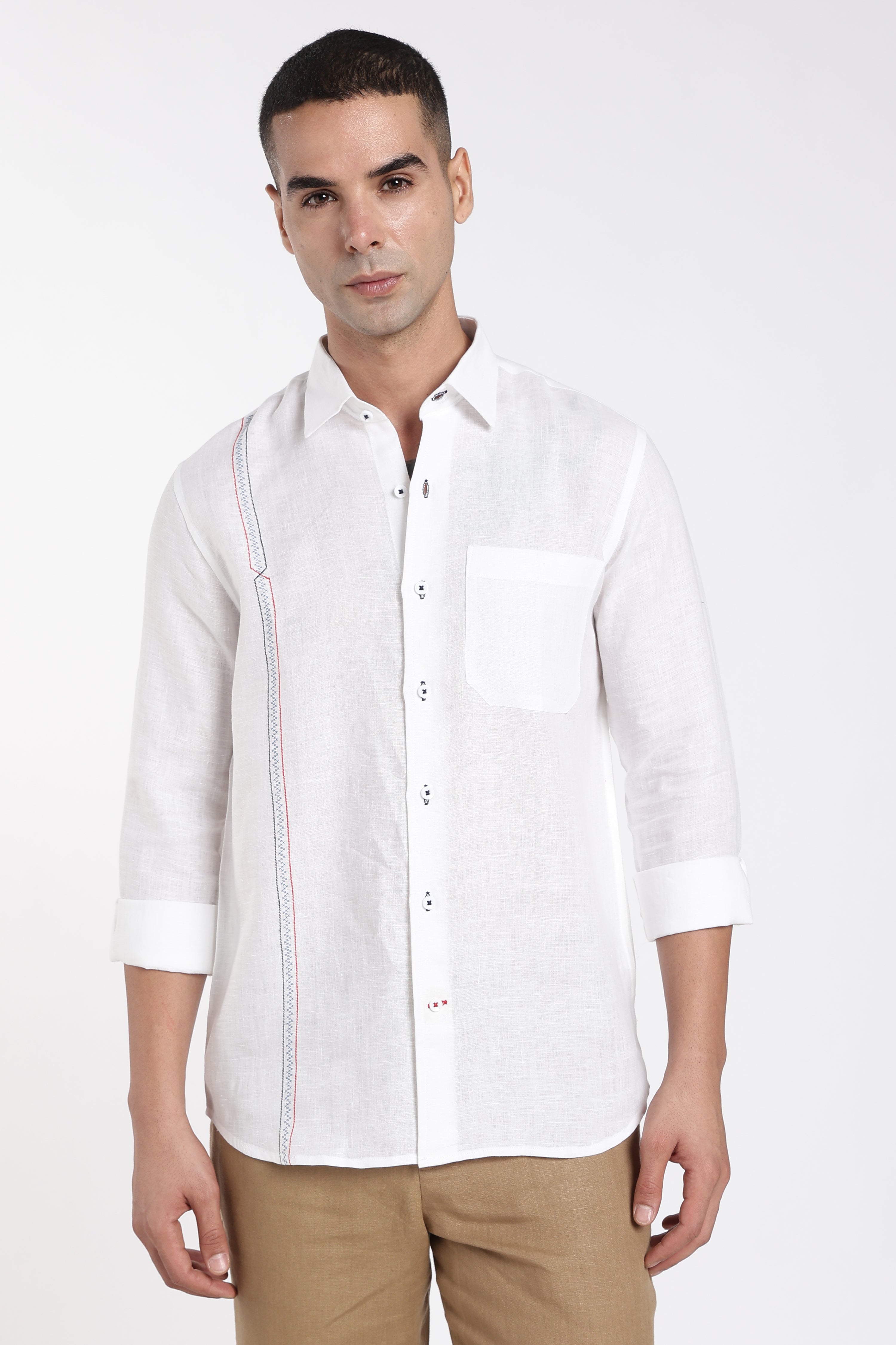 Men’s White Premium Linen Shirt with Stitch Detail | Designer Full Sleeve Linen Shirt