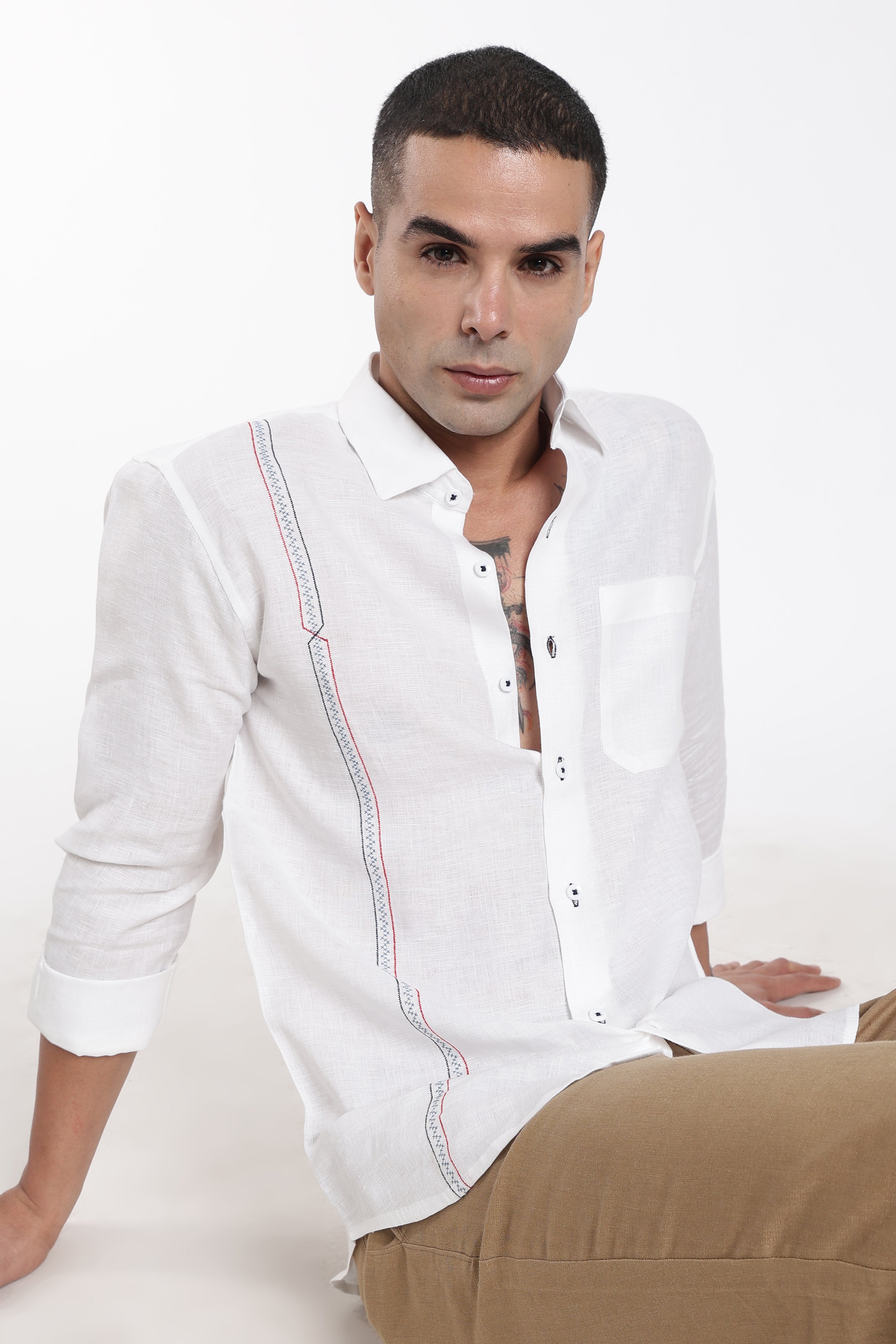 Men’s White Premium Linen Shirt with Stitch Detail | Designer Full Sleeve Linen Shirt