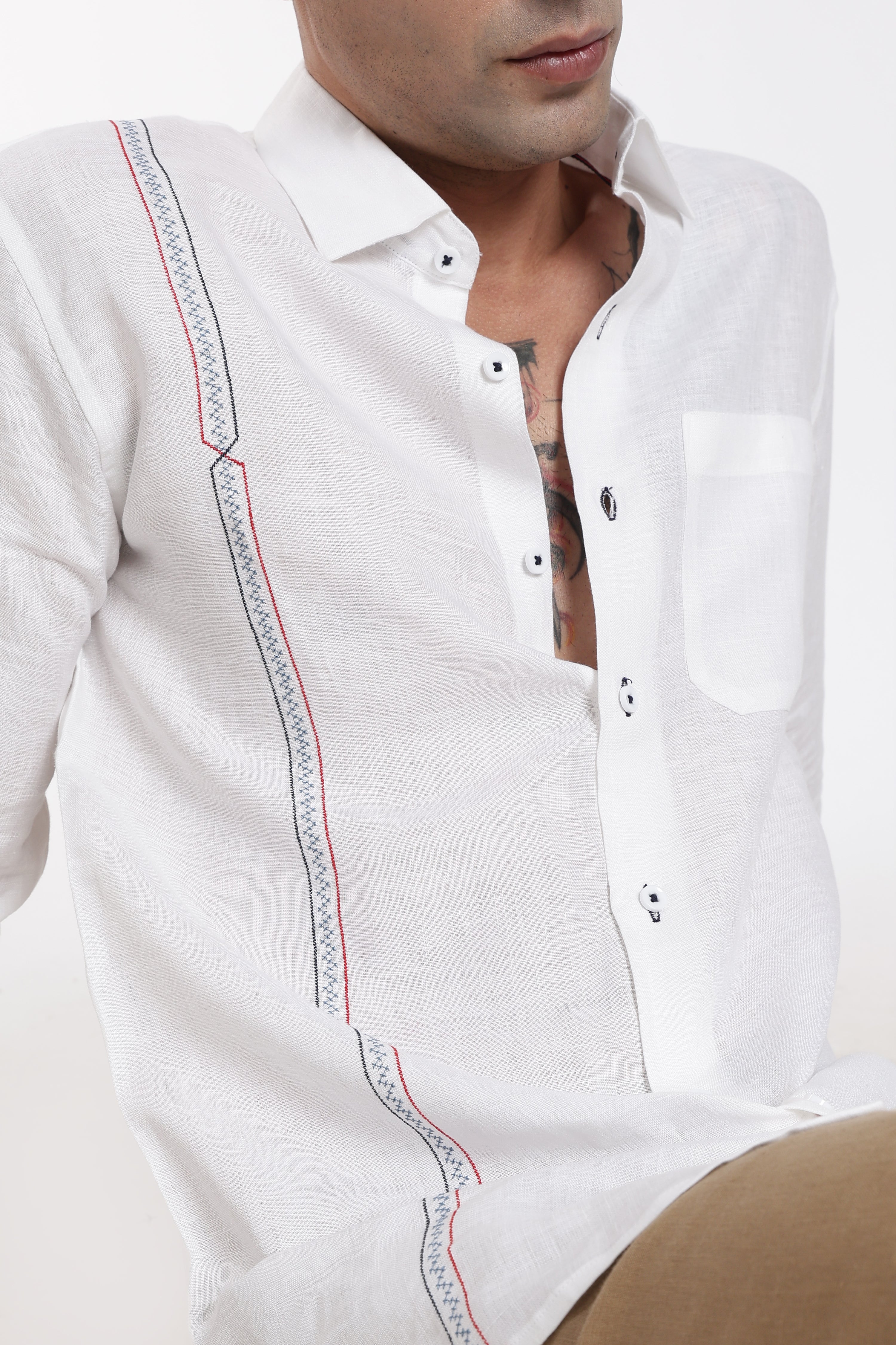 Men’s White Premium Linen Shirt with Stitch Detail | Designer Full Sleeve Linen Shirt