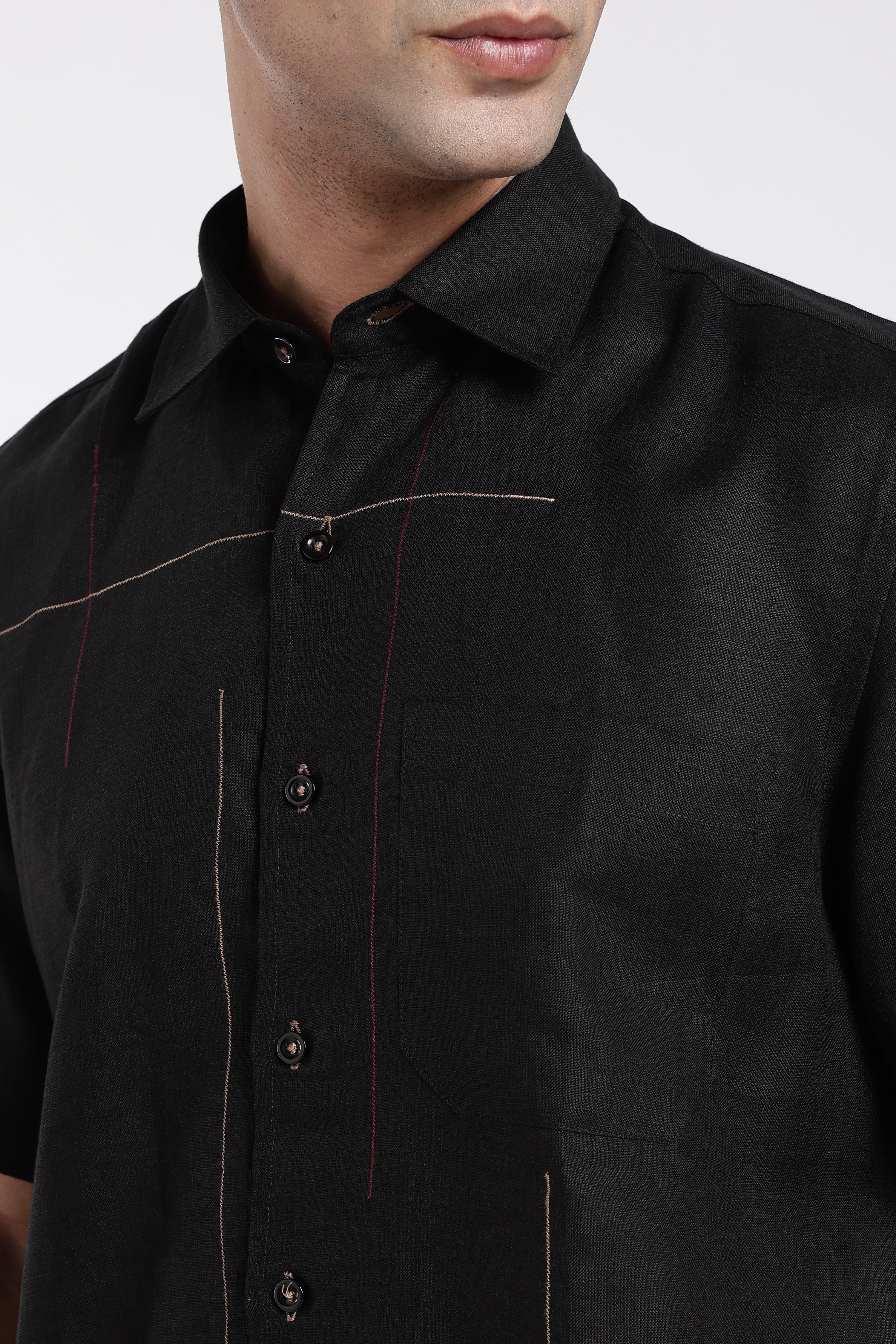 Men’s Black Artistic Linen Shirt with Abstract Stitch Detailing | Designer Linen Shirt