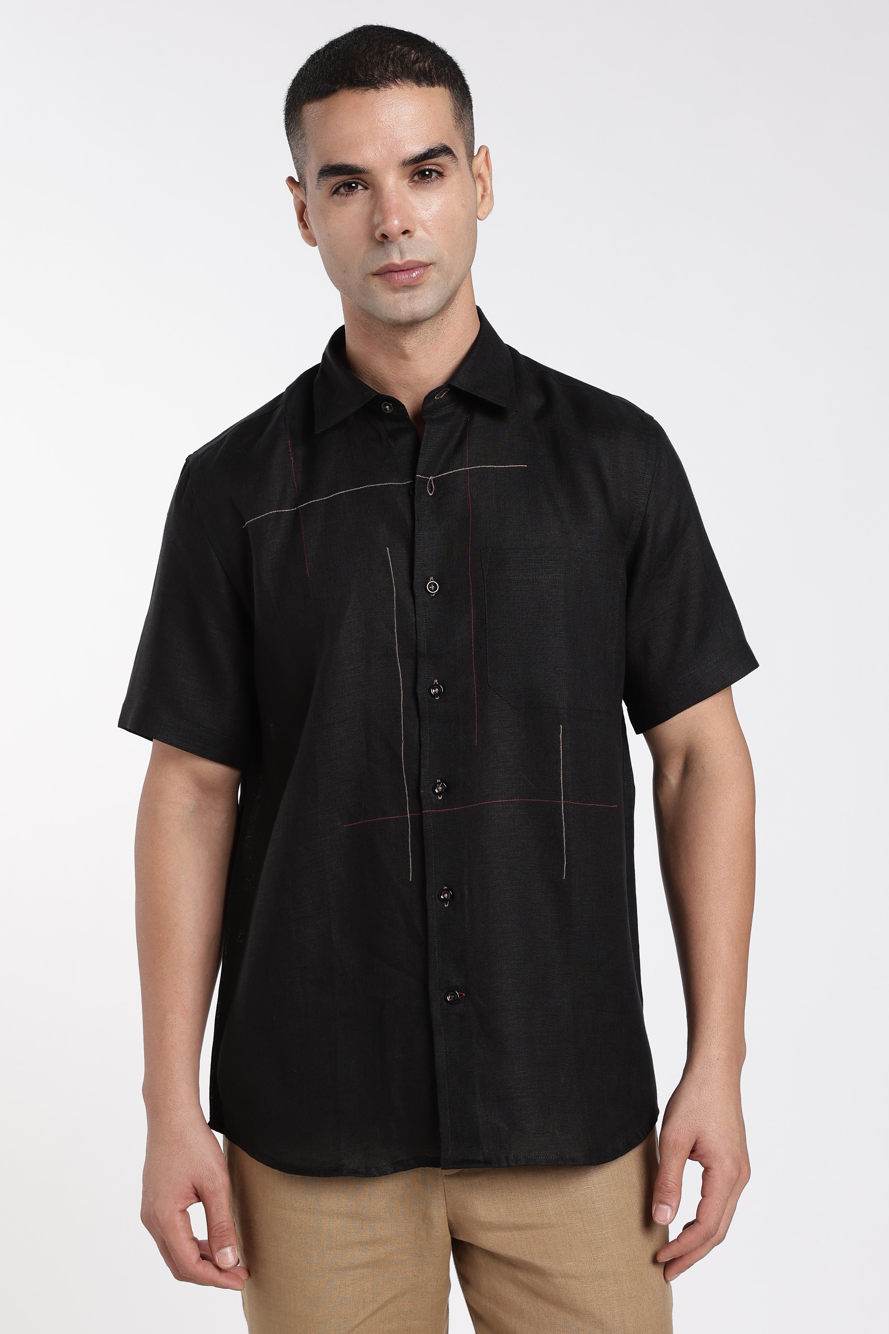 Men’s Black Artistic Linen Shirt with Abstract Stitch Detailing | Designer Linen Shirt