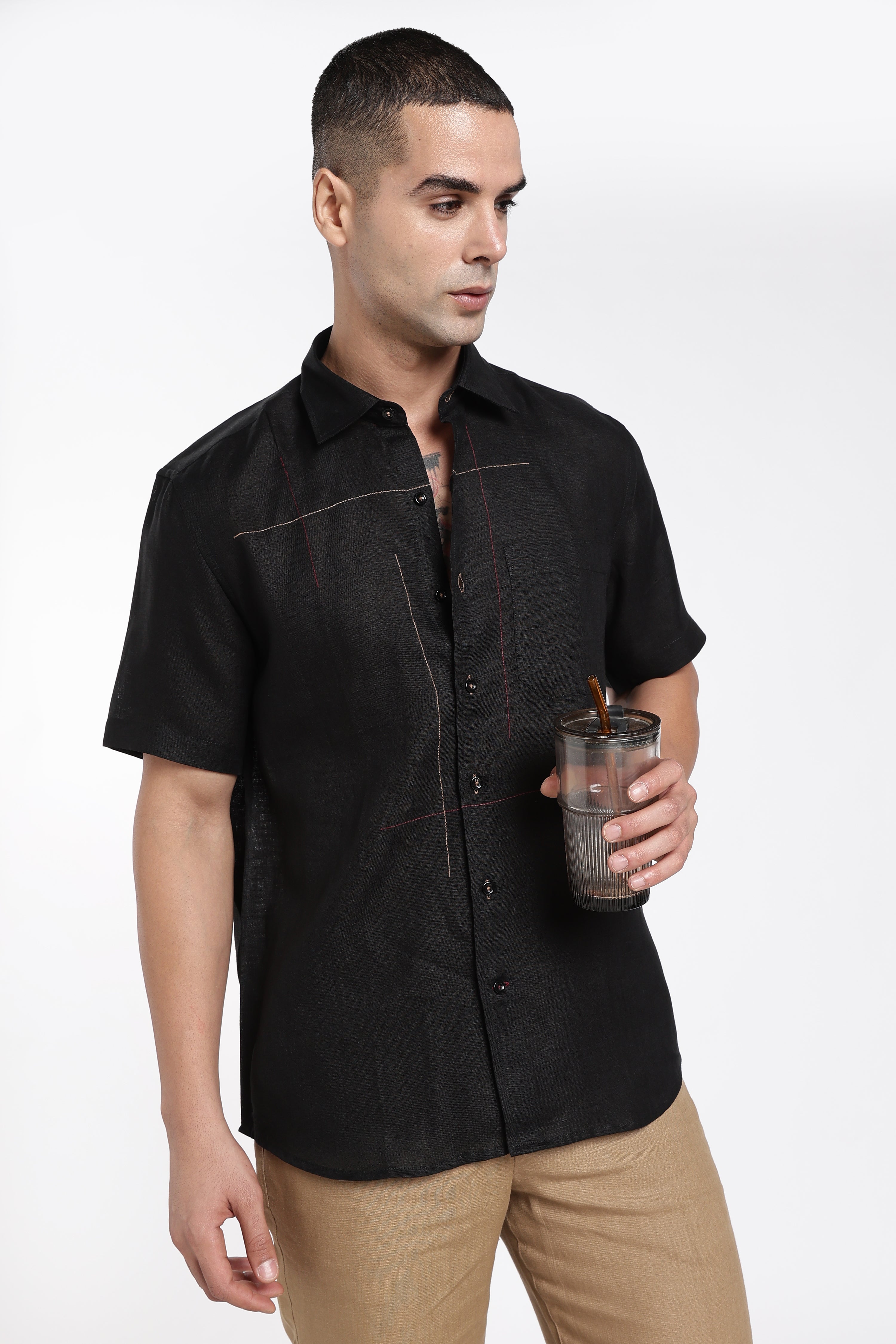 Men’s Black Artistic Linen Shirt with Abstract Stitch Detailing | Designer Linen Shirt