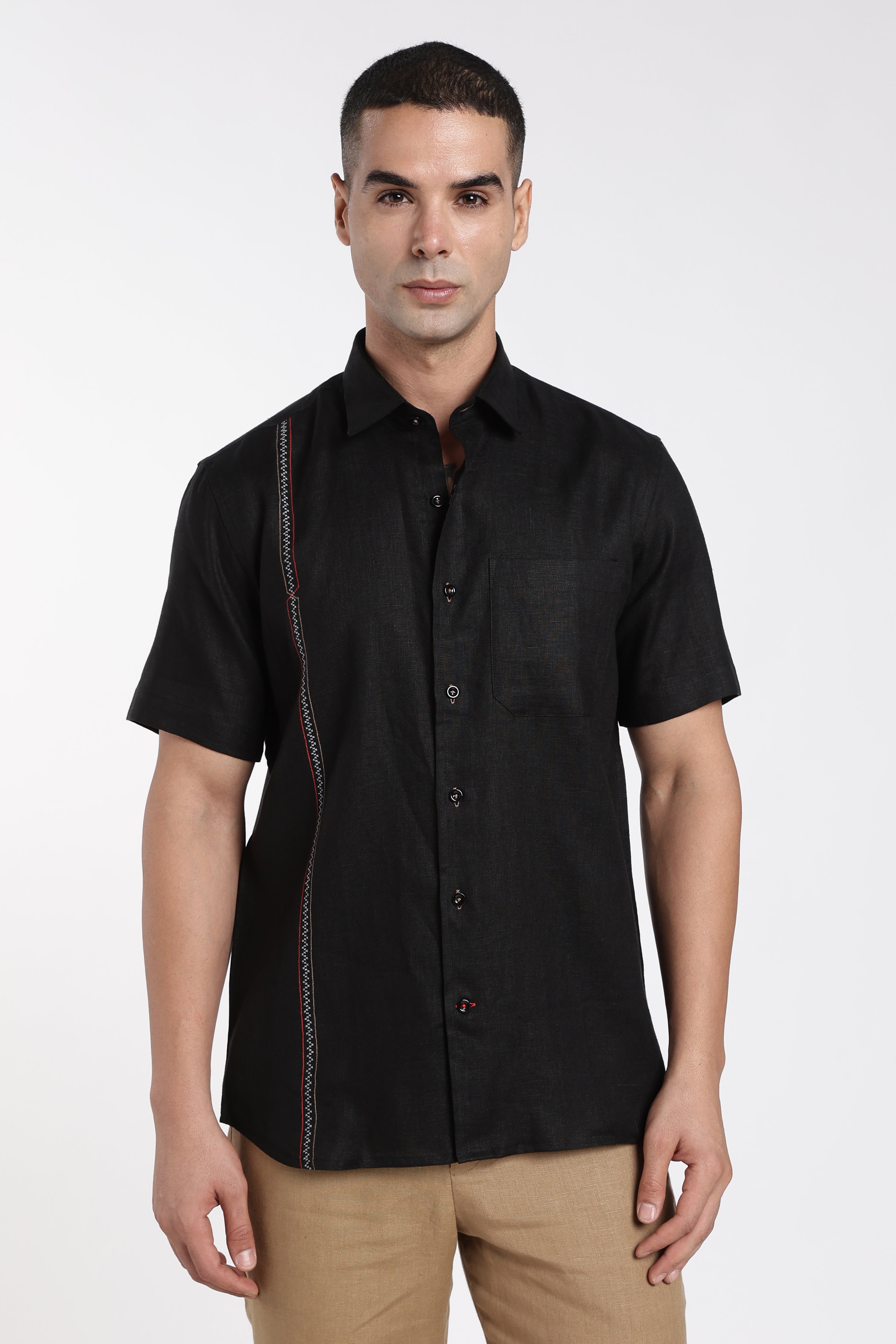 Men’s Premium Black Linen Shirt with Contrast Stitch Detailing | Designer Short Sleeve Shirt