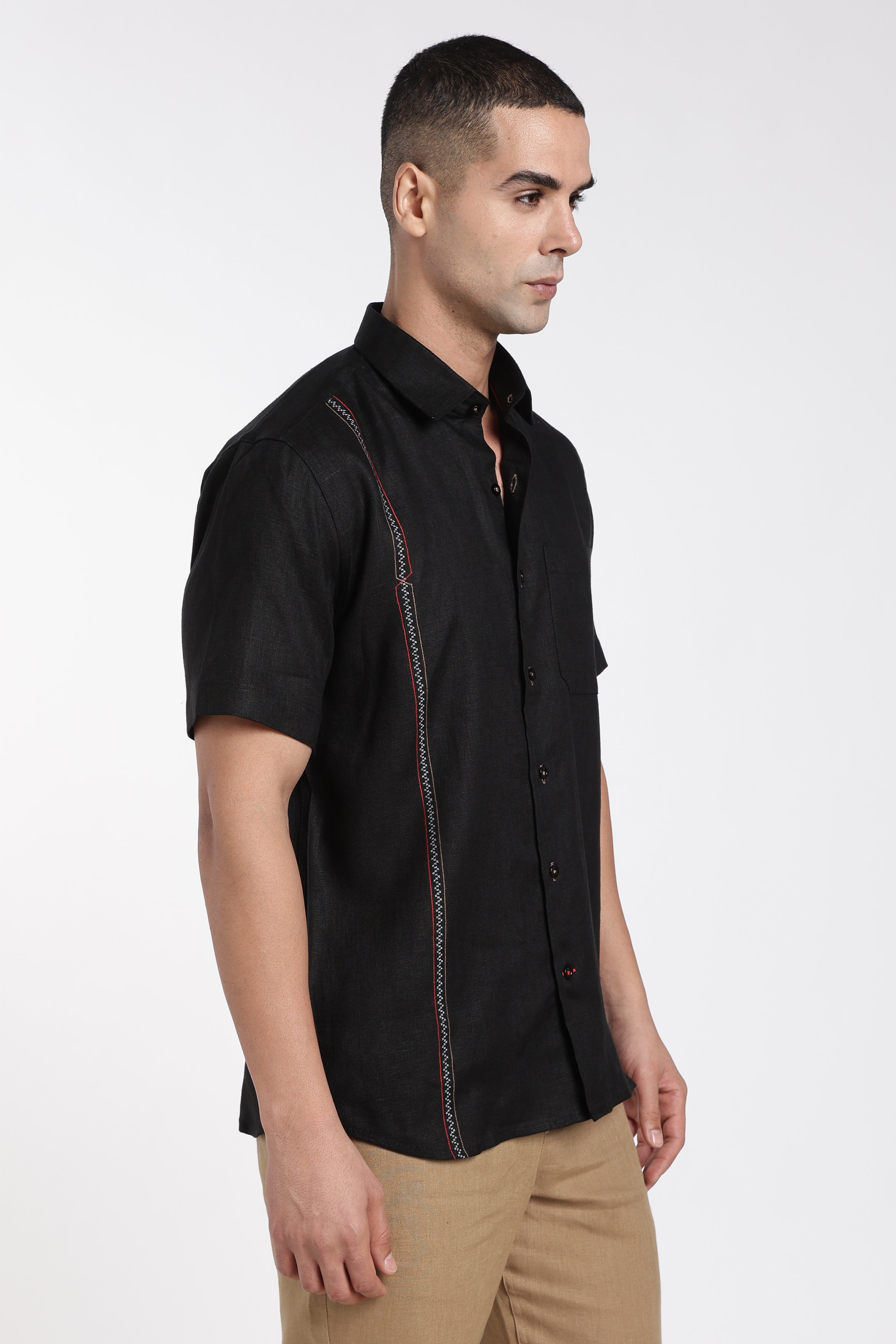 Men’s Premium Black Linen Shirt with Contrast Stitch Detailing | Designer Short Sleeve Shirt