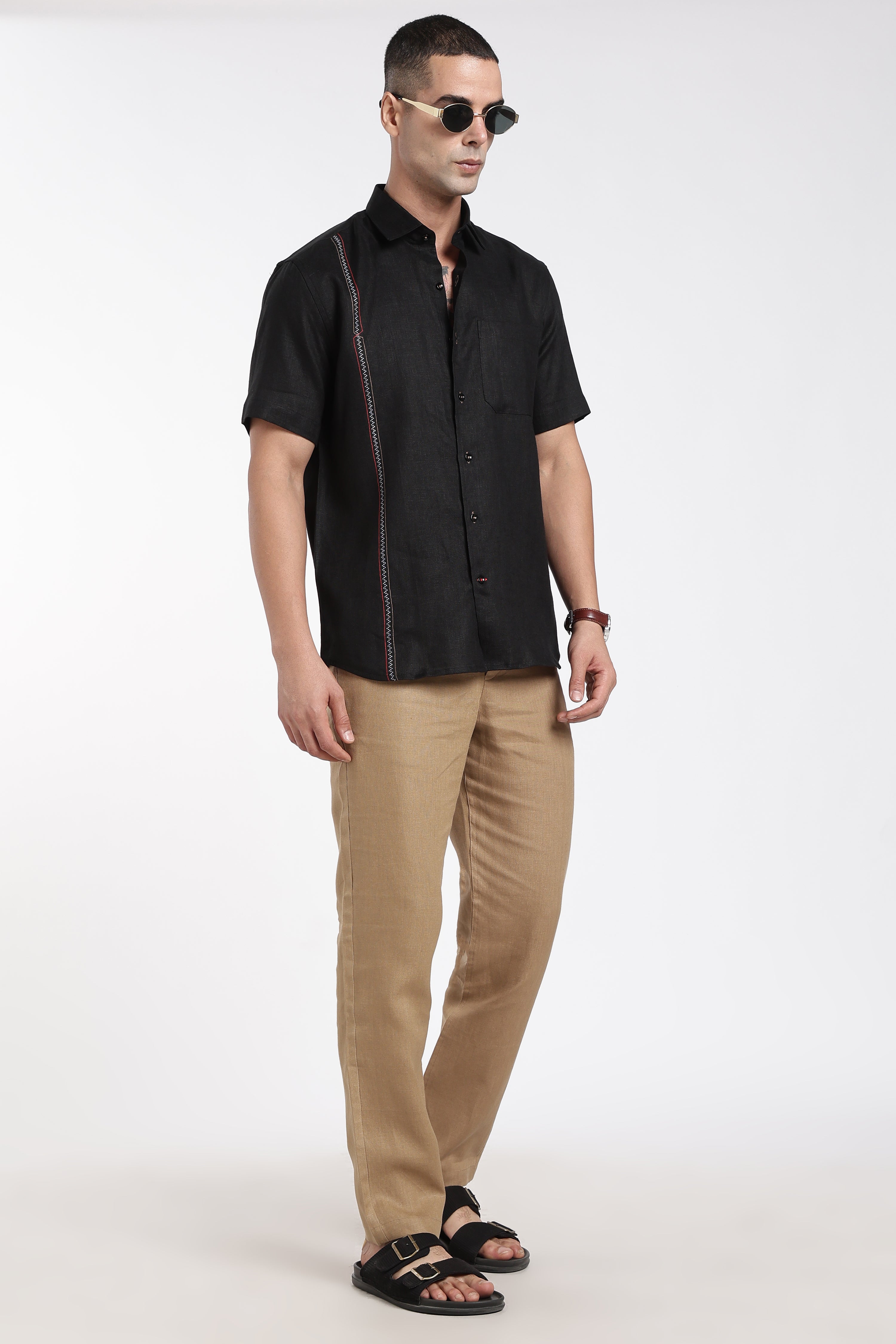 Men’s Premium Black Linen Shirt with Contrast Stitch Detailing | Designer Short Sleeve Shirt