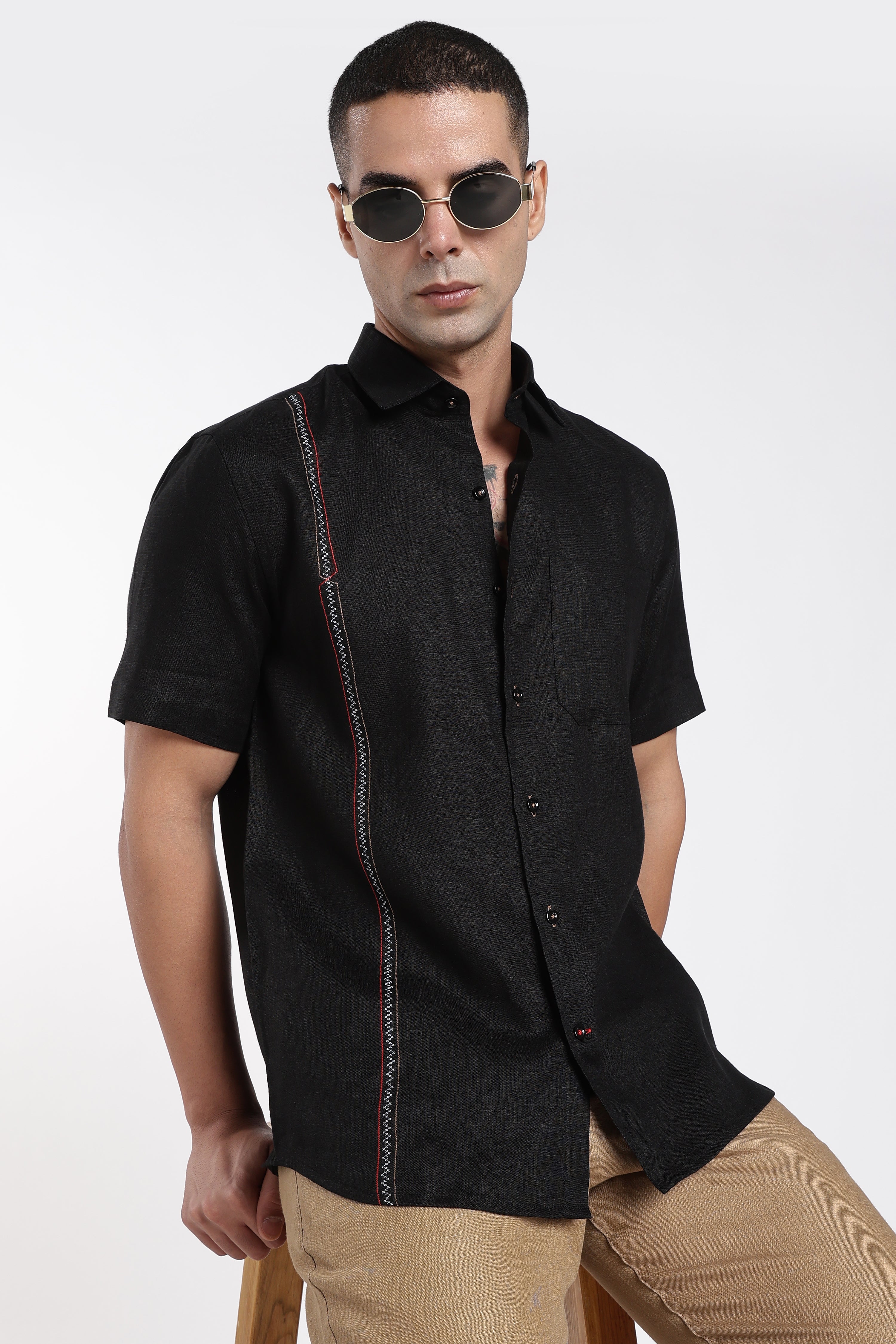 Men’s Premium Black Linen Shirt with Contrast Stitch Detailing | Designer Short Sleeve Shirt