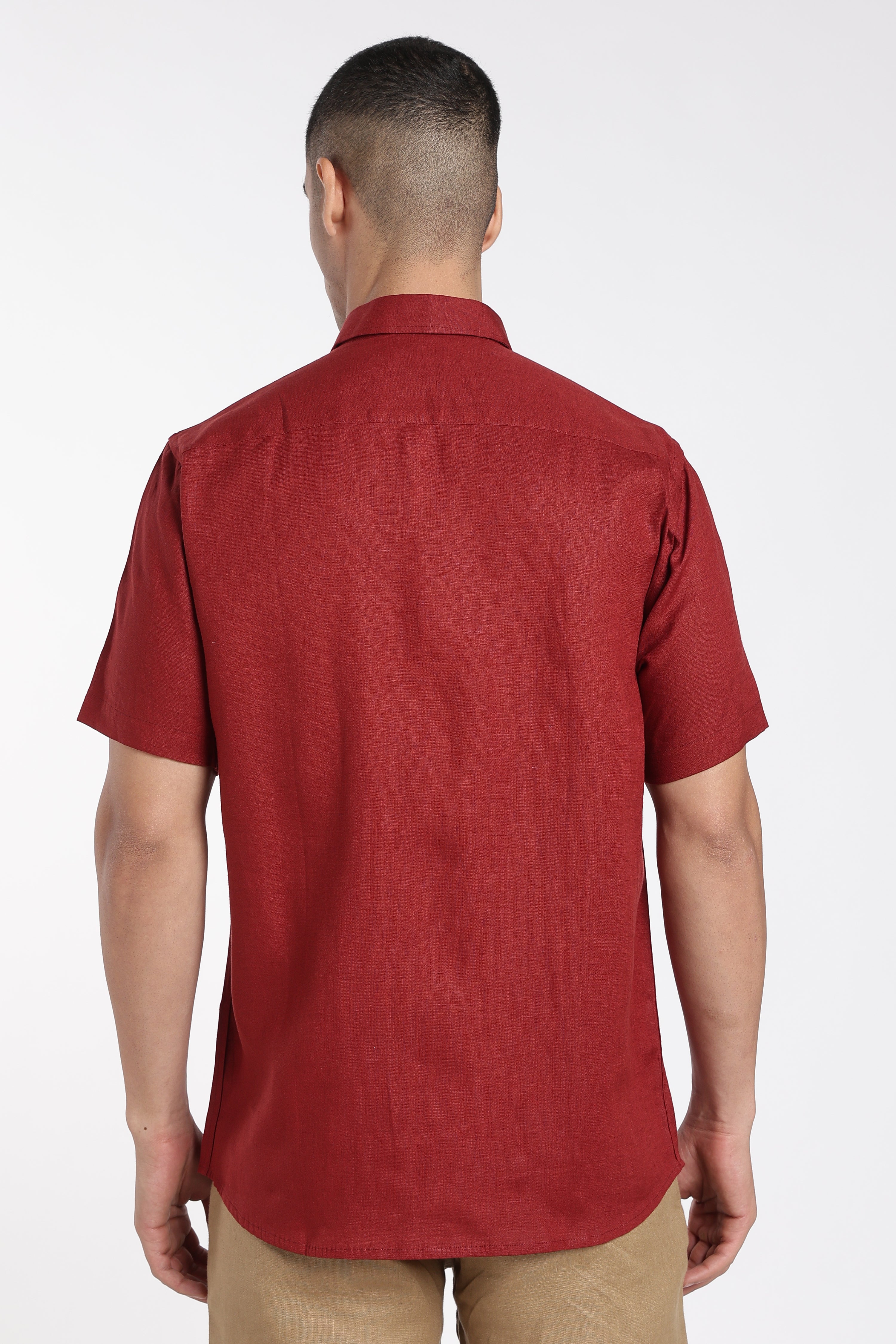 Men’s Premium Maroon Linen Shirt with Abstract Artistic Stitch Detailing | Designer Short Sleeve Linen Shirt