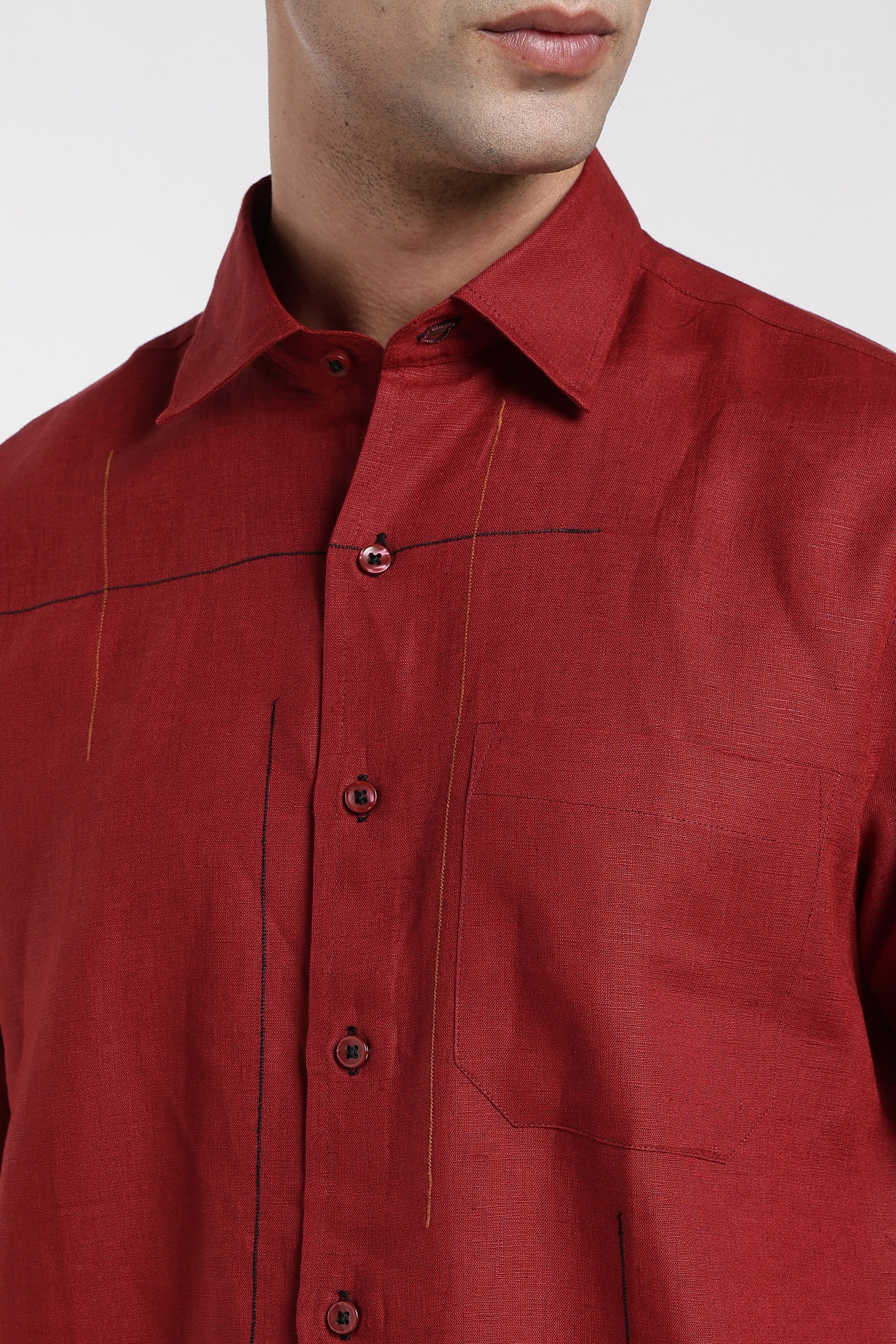 Men’s Premium Maroon Linen Shirt with Abstract Artistic Stitch Detailing | Designer Short Sleeve Linen Shirt