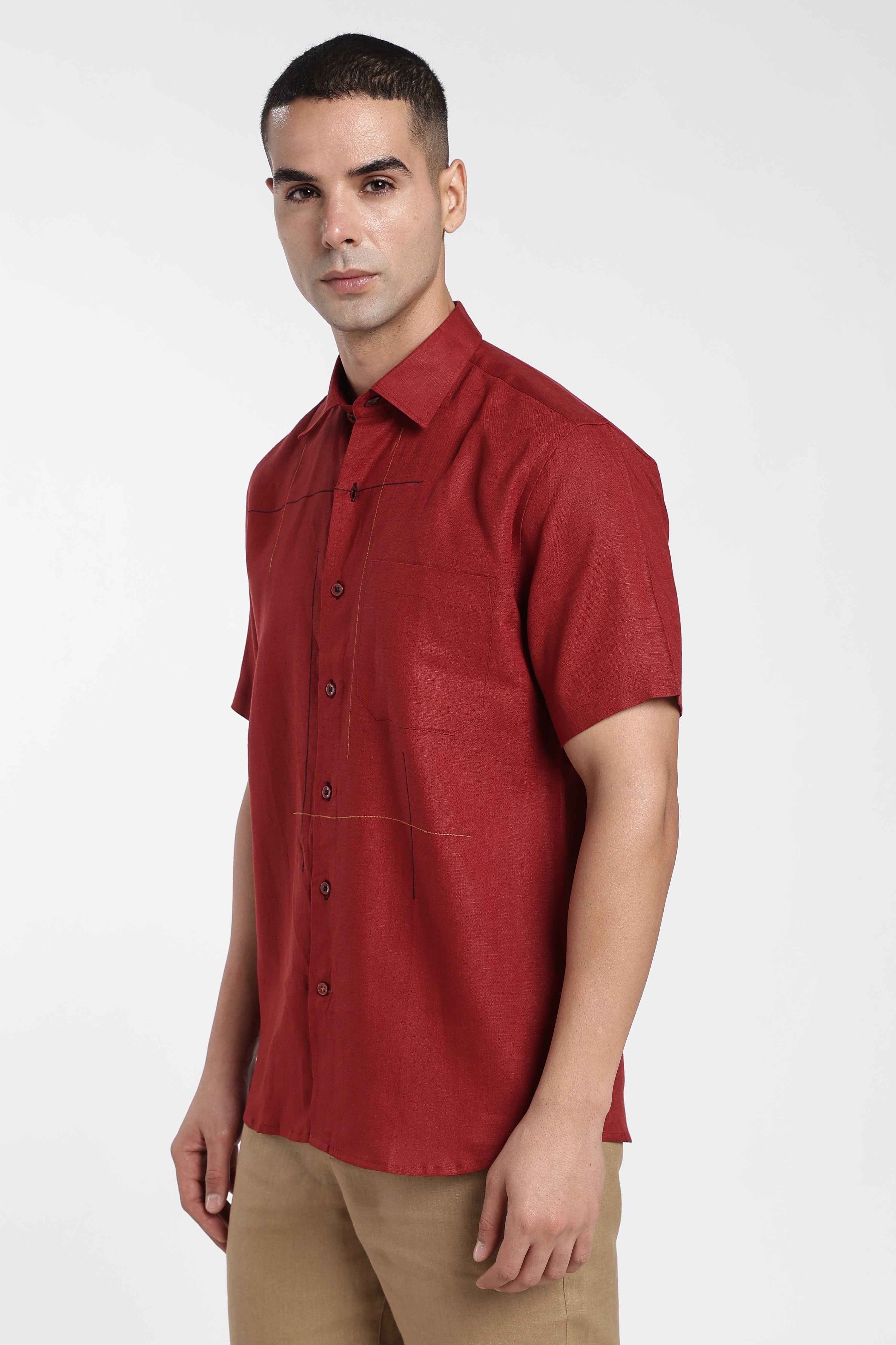 Men’s Premium Maroon Linen Shirt with Abstract Artistic Stitch Detailing | Designer Short Sleeve Linen Shirt
