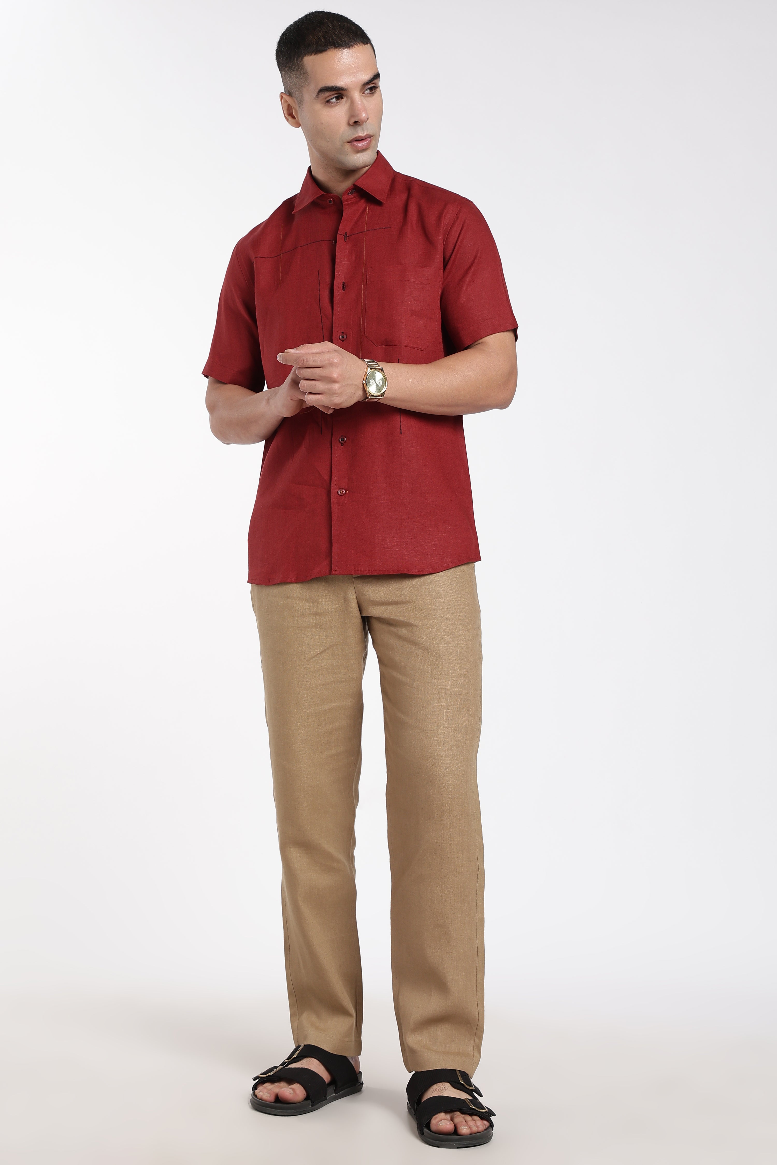 Men’s Premium Maroon Linen Shirt with Abstract Artistic Stitch Detailing | Designer Short Sleeve Linen Shirt