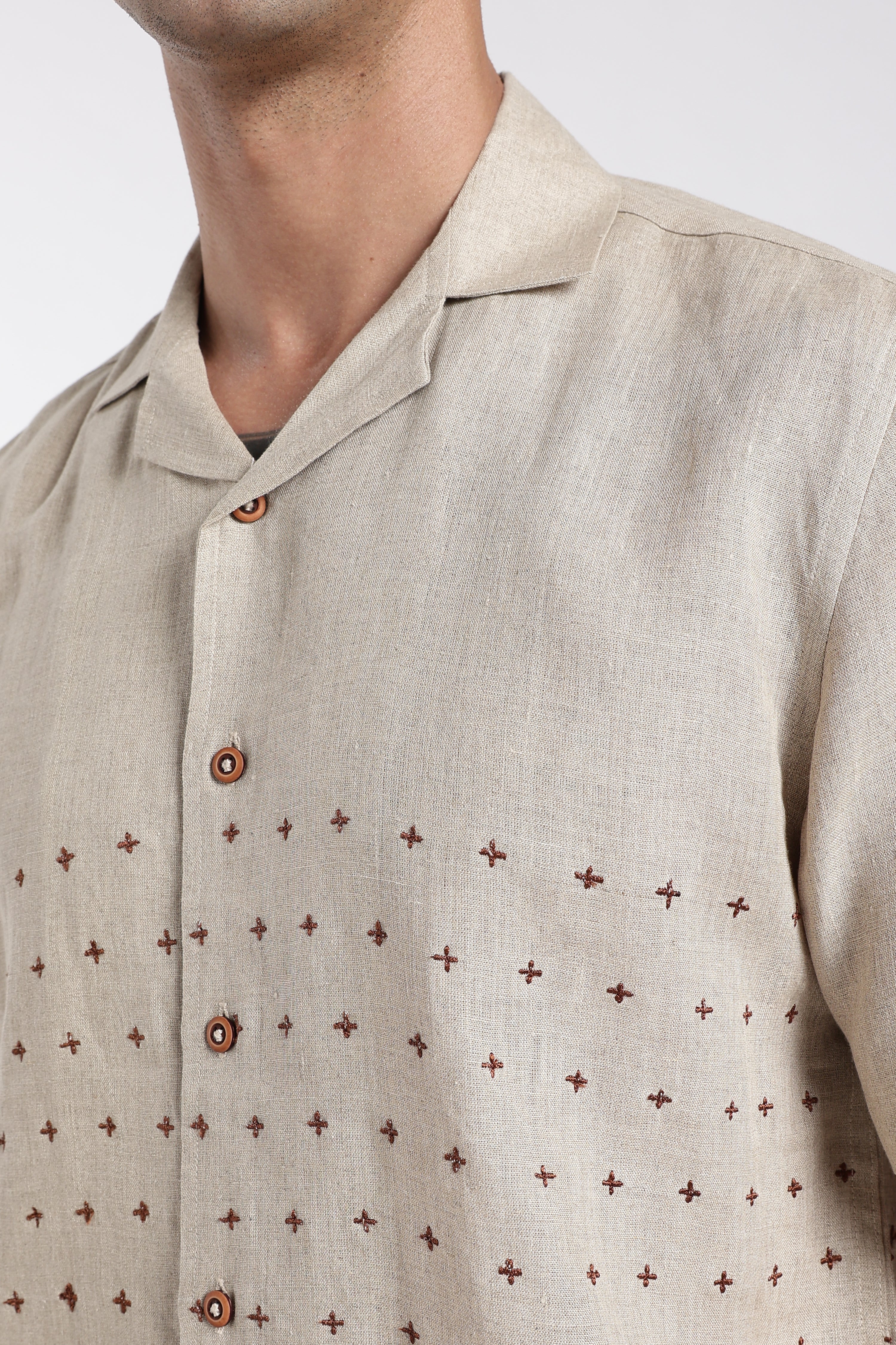 Men’s Premium Beige Linen Embroidered Co-Ord Set | Designer Resort Wear