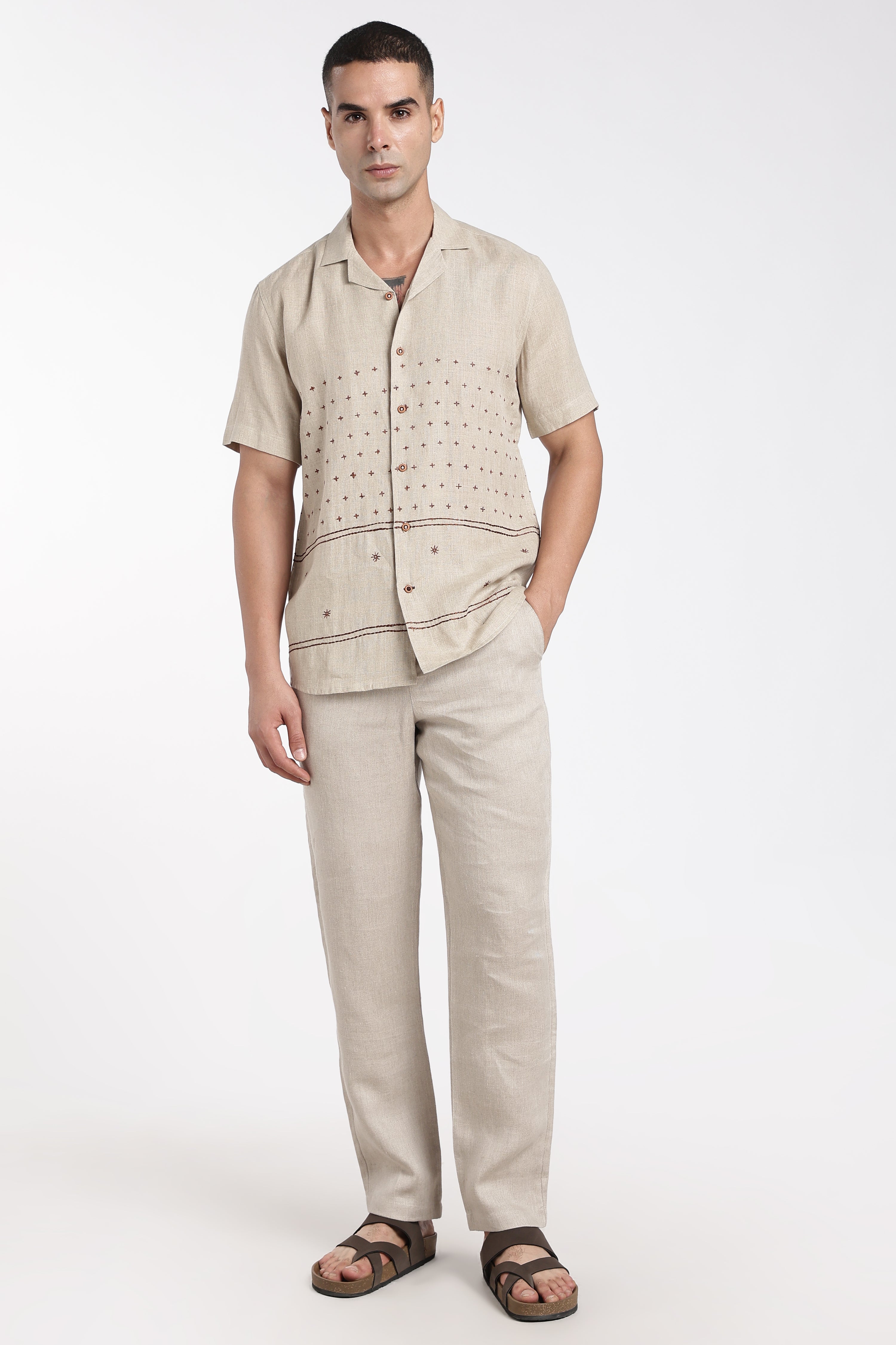 Men’s Premium Beige Linen Embroidered Co-Ord Set | Designer Resort Wear